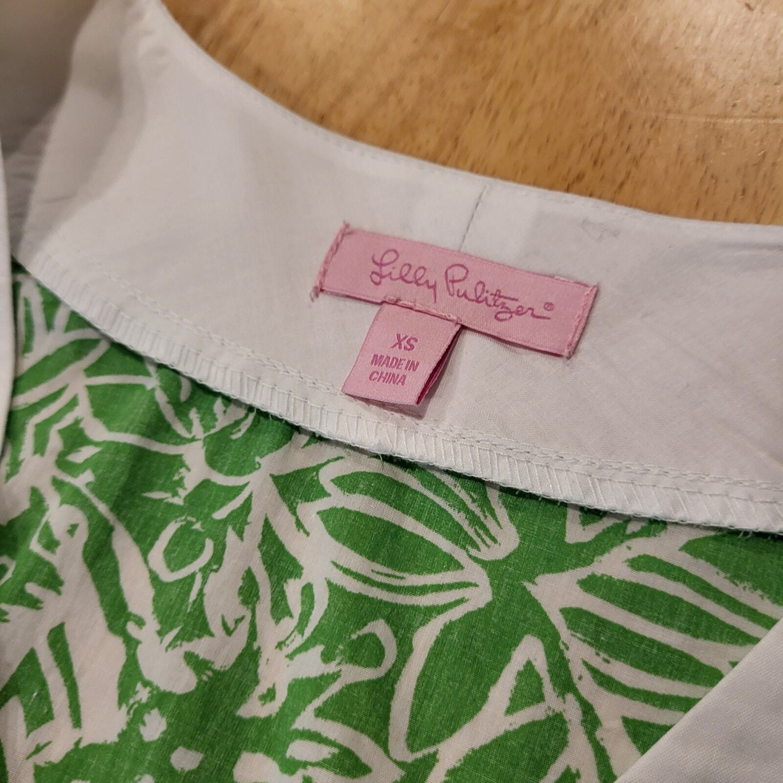 Lilly Pulitzer Green Botanical Print White Trim Baby Doll Top Cap Sleeve Trim XS