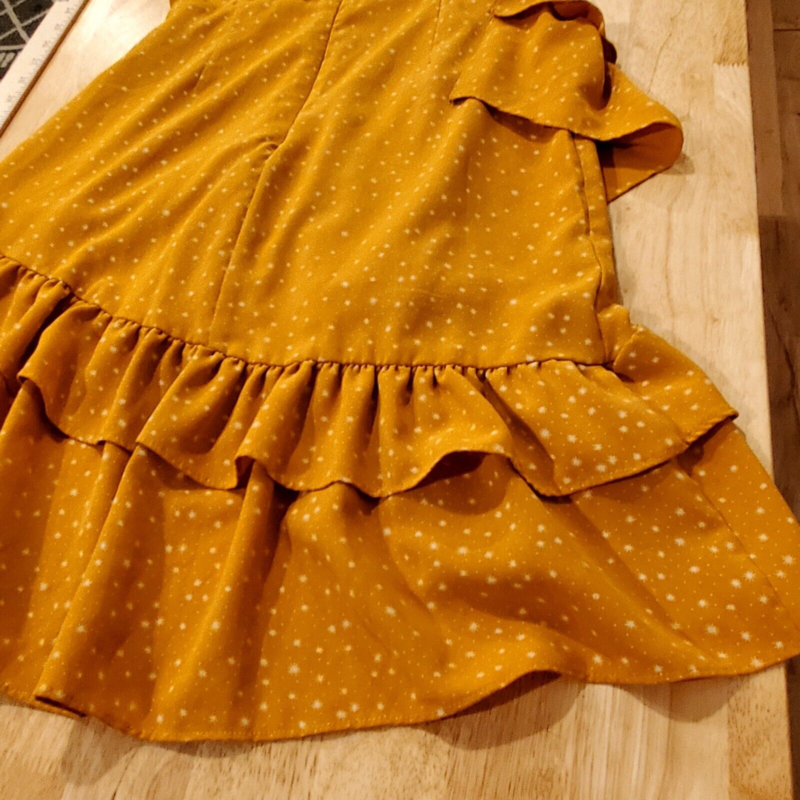 Yellow Star Print Fanco Dress Size S Witchy BOHO CUTE ruffle Mystical Pretty 