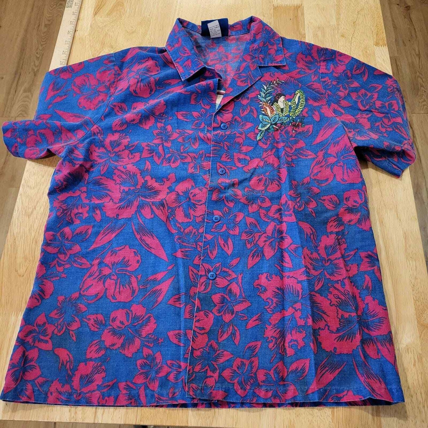Vintage US Blue Pink 100% Cotton Hawaiian Short Sleeve Button Down 19" Pit 2 Pit