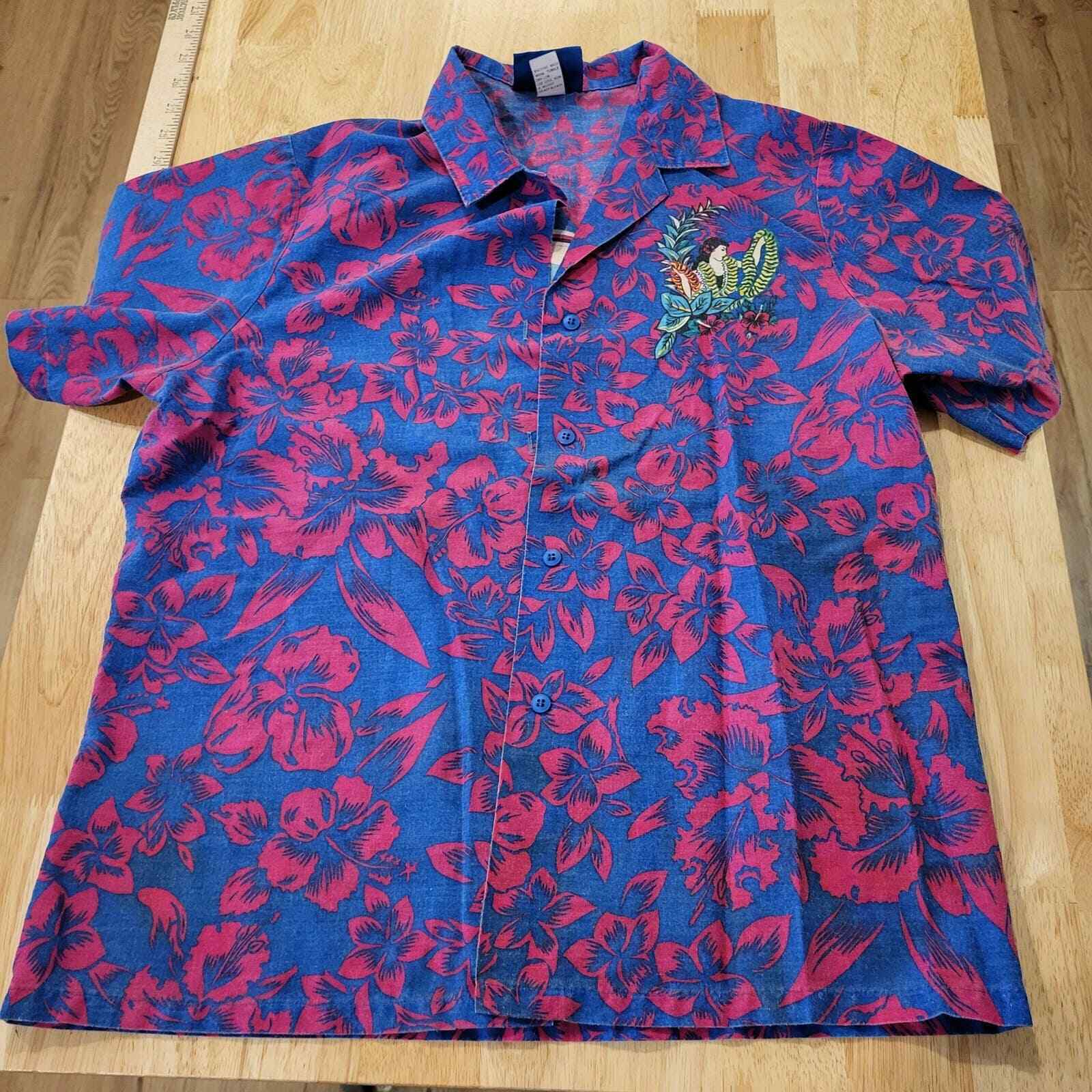 Vintage US Blue Pink 100% Cotton Hawaiian Short Sleeve Button Down 19" Pit 2 Pit