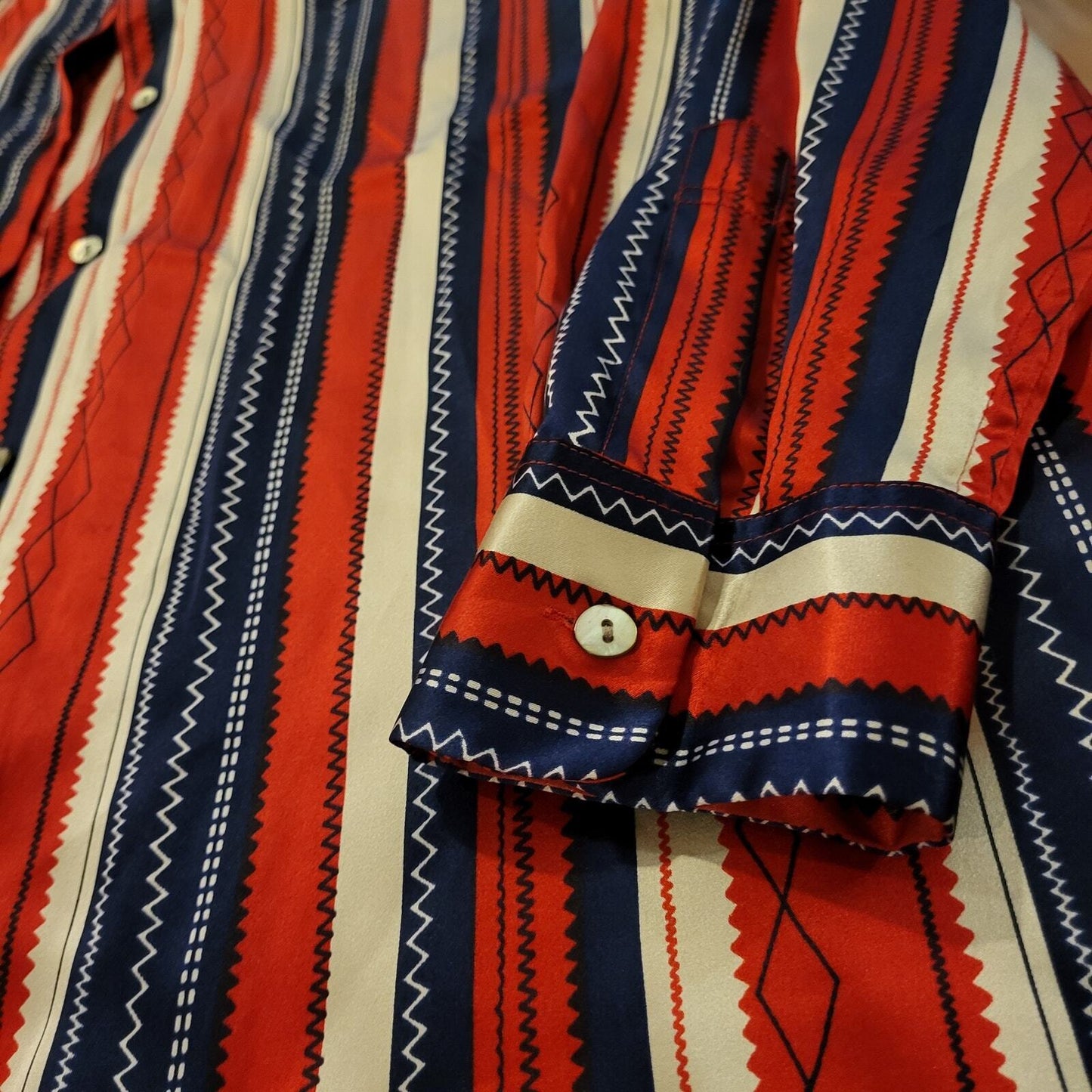Fiji 100% Silk Collared Button Down Blouse Red White Blue Striped 