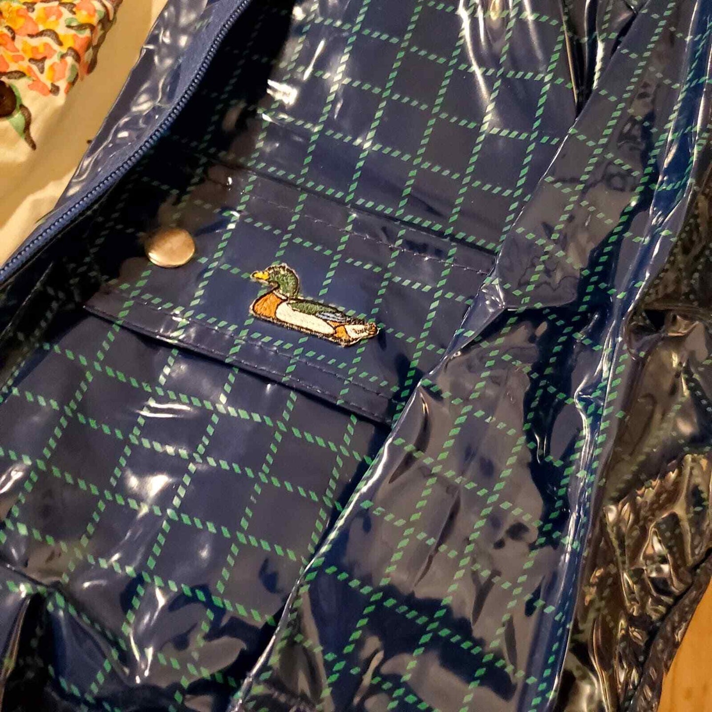 Banner House Asheville Blue Green Plaid Rubber Rain Coat Vintage