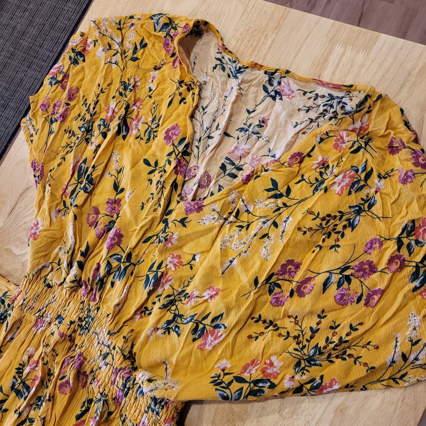 Yellow Floral V Neck Flow Flutter Sleeve 12"-22" Waist Tie Maxi Dress