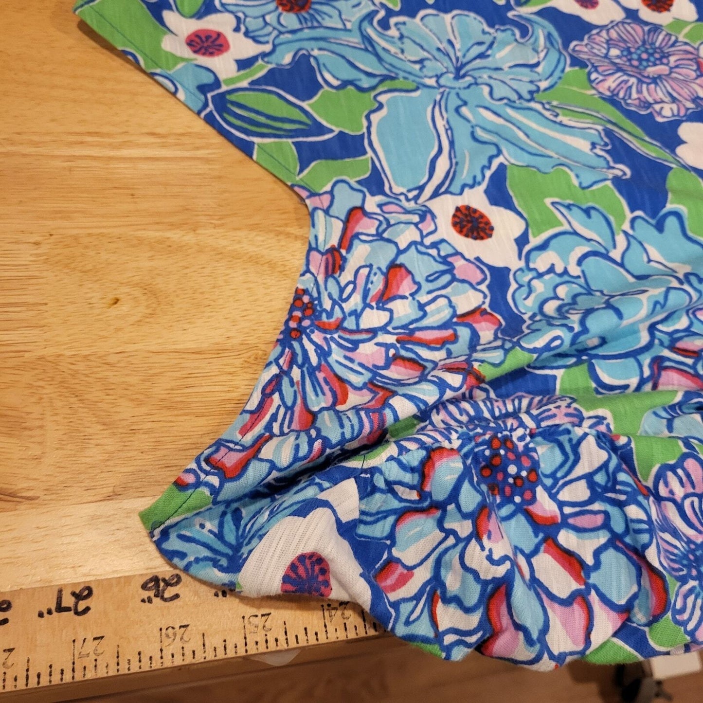 Lilly Pulitzer Blue & Green Short Sleeve V-Neck Gathered Sleeve T-shirt S