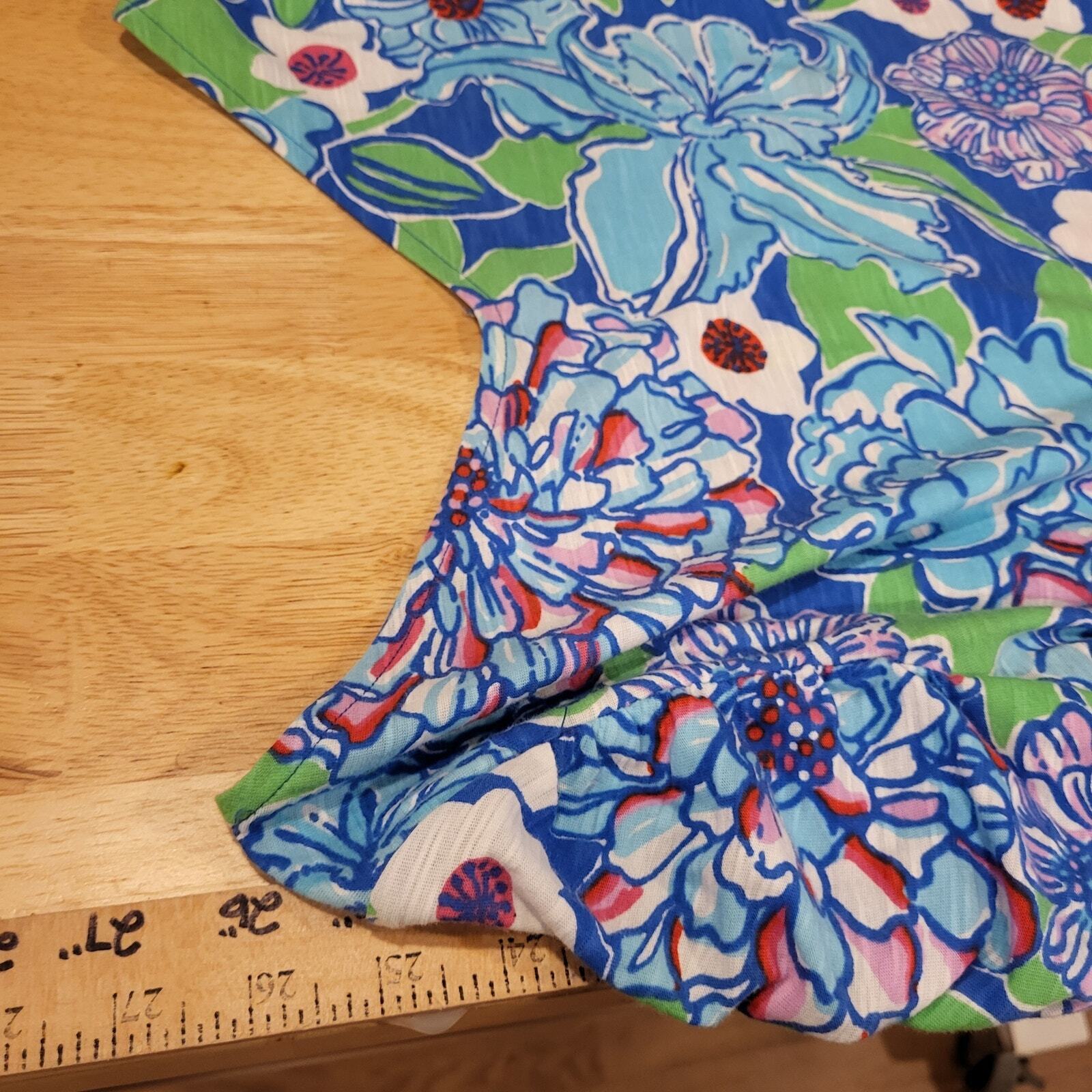 Lilly Pulitzer Blue & Green Short Sleeve V-Neck Gathered Sleeve T-shirt S