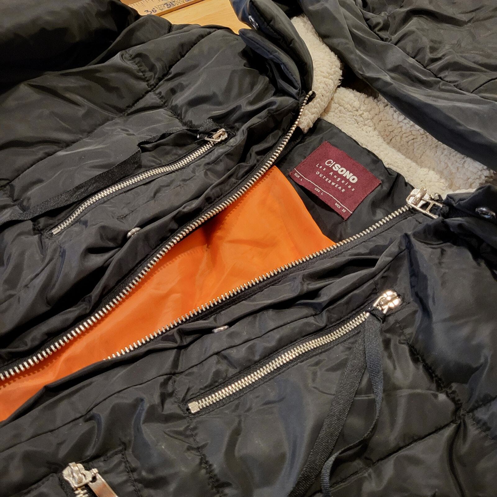 Viral Black Hooded Puffer Coat Orange Lining Silver Zip Pockets Sherling Hood LG