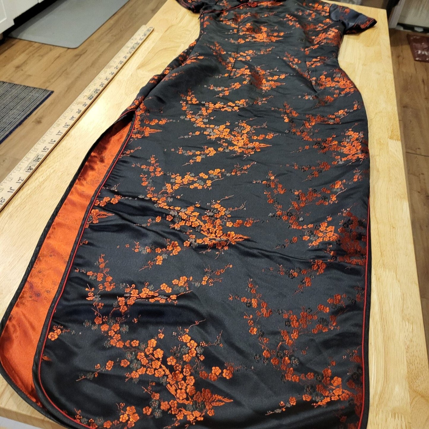 Black & Red Brocade Traditional Chinese Satin Floral Dress Mandarin Collar 15' p