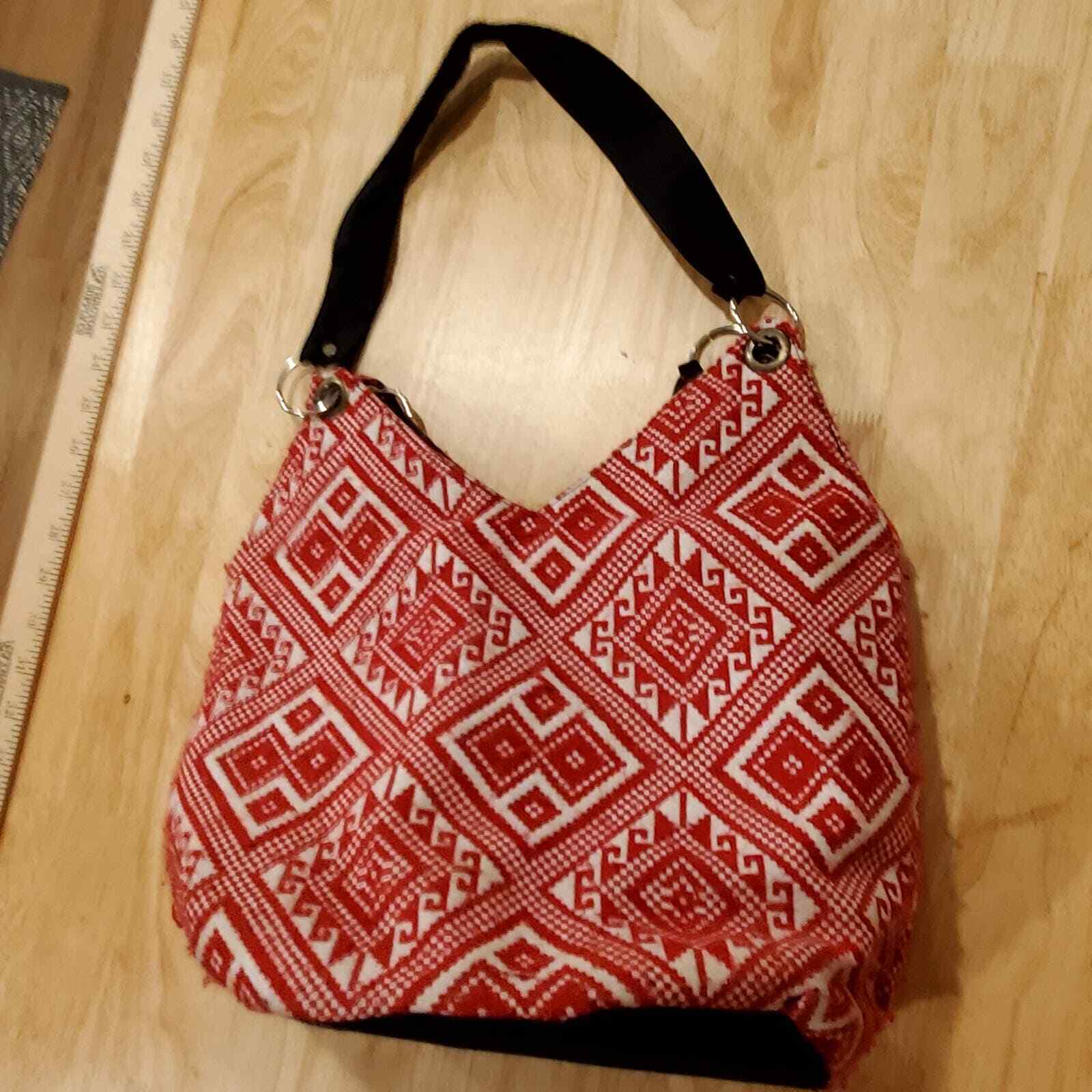 Red Boho Floppy Cloth Beach Bag Aztec Print Metal Hardware 