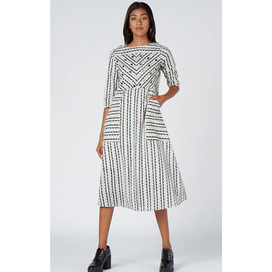 Okhai Geometric Hand Block Print "The Ceo" Mirror Embroidery Indian Made Dress
