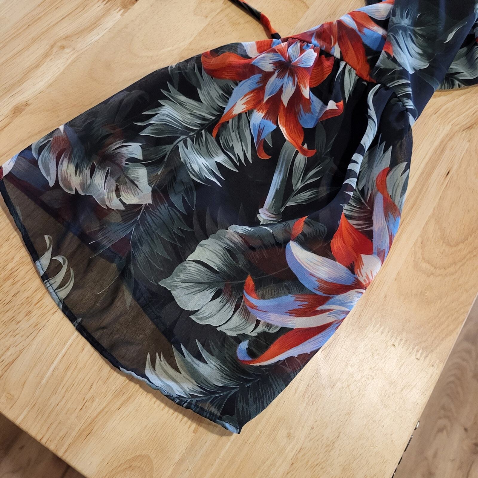 Aura Large Botanical Print Flowy Knee Length Dress Tie Back Empire Lined Sleeve