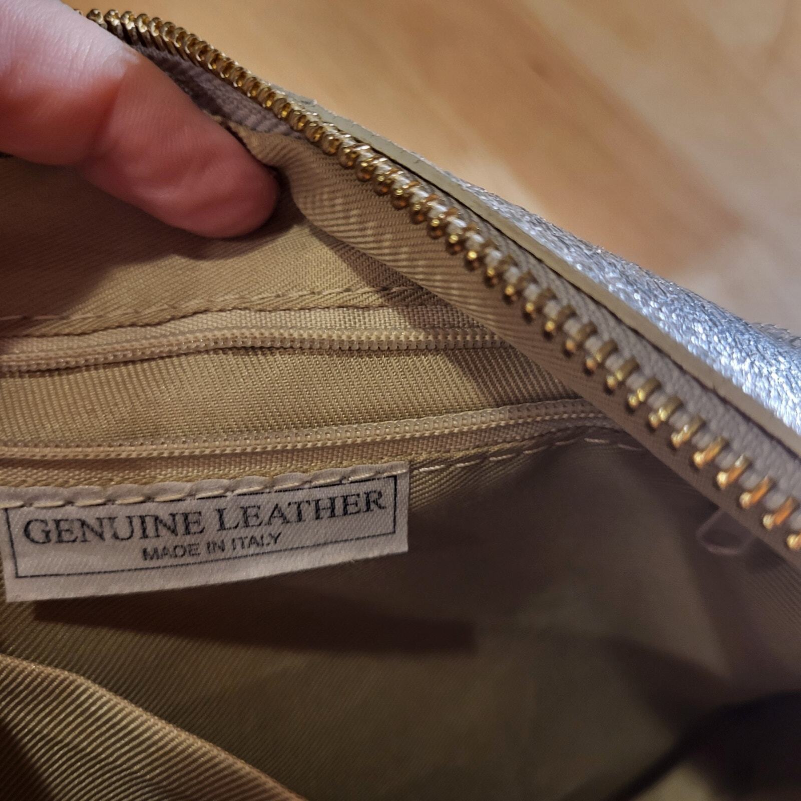 Genuine Leather Silver  Metallic Top Handle Zip Bag  9"x7" Gold Tone Hardware 