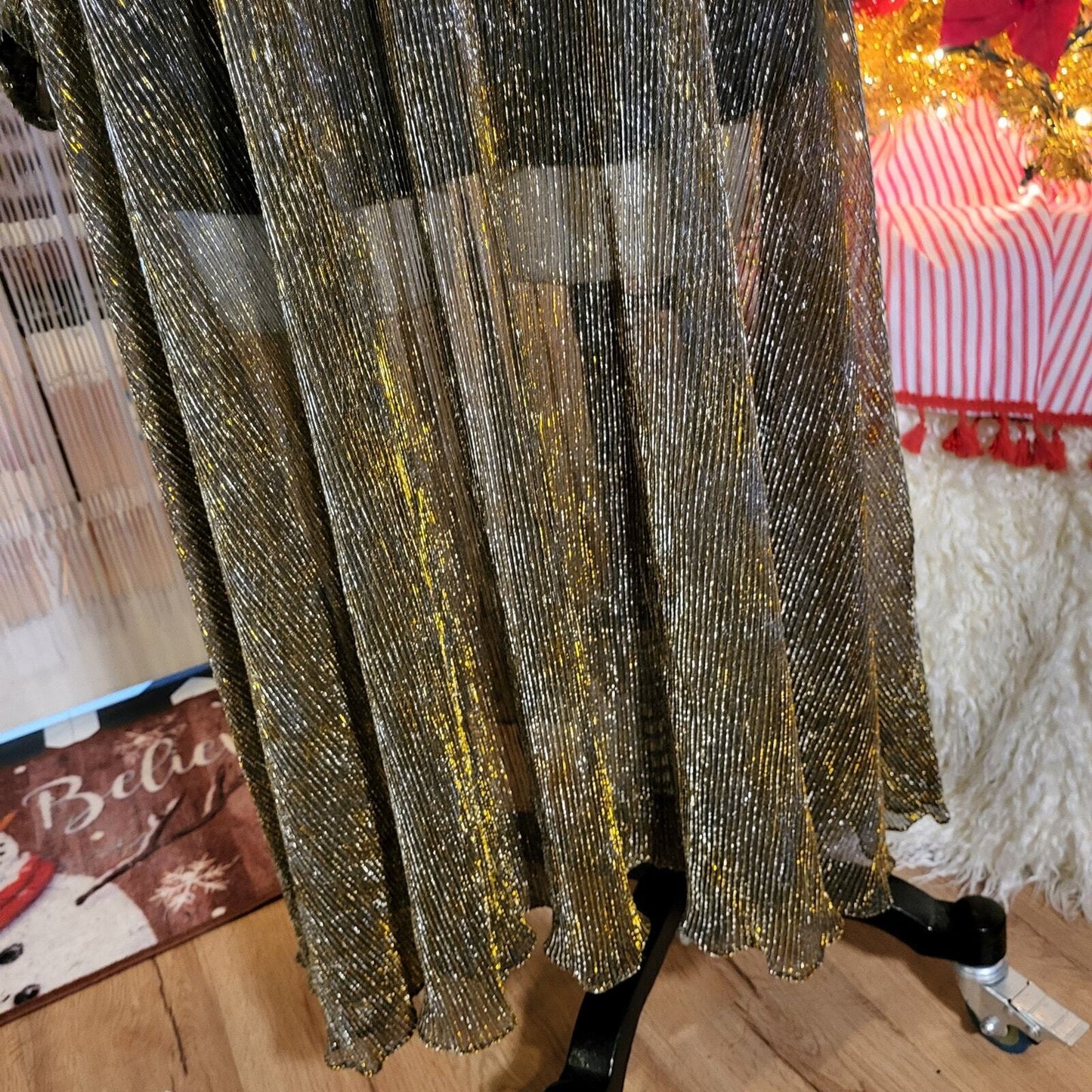 Gold Metallic Vintage Sheer Maxi Dress Long Sleeve Belt 24" P2P Ribbed