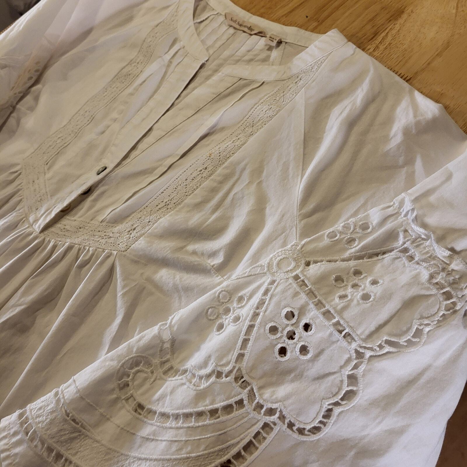 Soft Surroundings White Eyelet Cotton Blouse Pintuck Pleat 3/4" Sleeve XS 