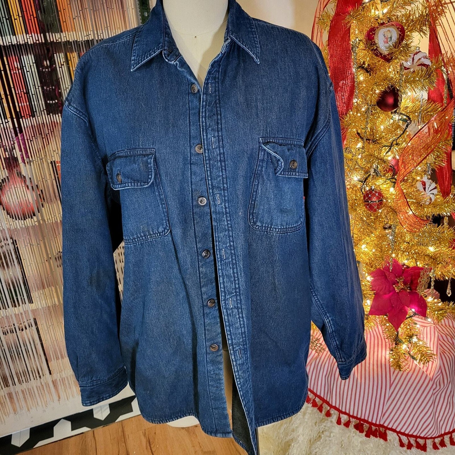 Lanesboro 100% Cotton Blue Denim Brown Fleece Lined Collared Button Up Jacket XL