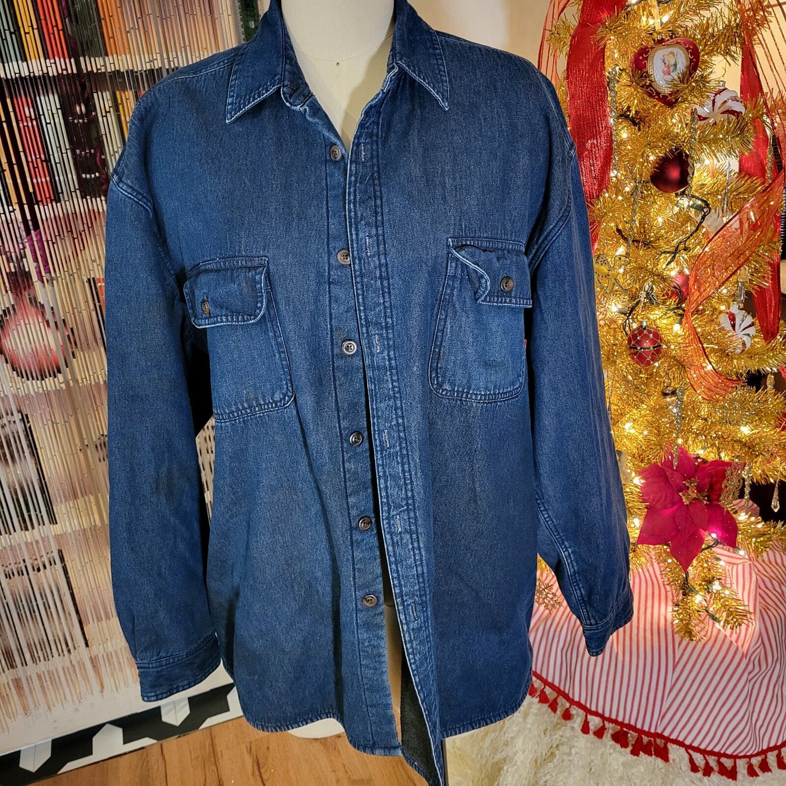 Lanesboro 100% Cotton Blue Denim Brown Fleece Lined Collared Button Up Jacket XL