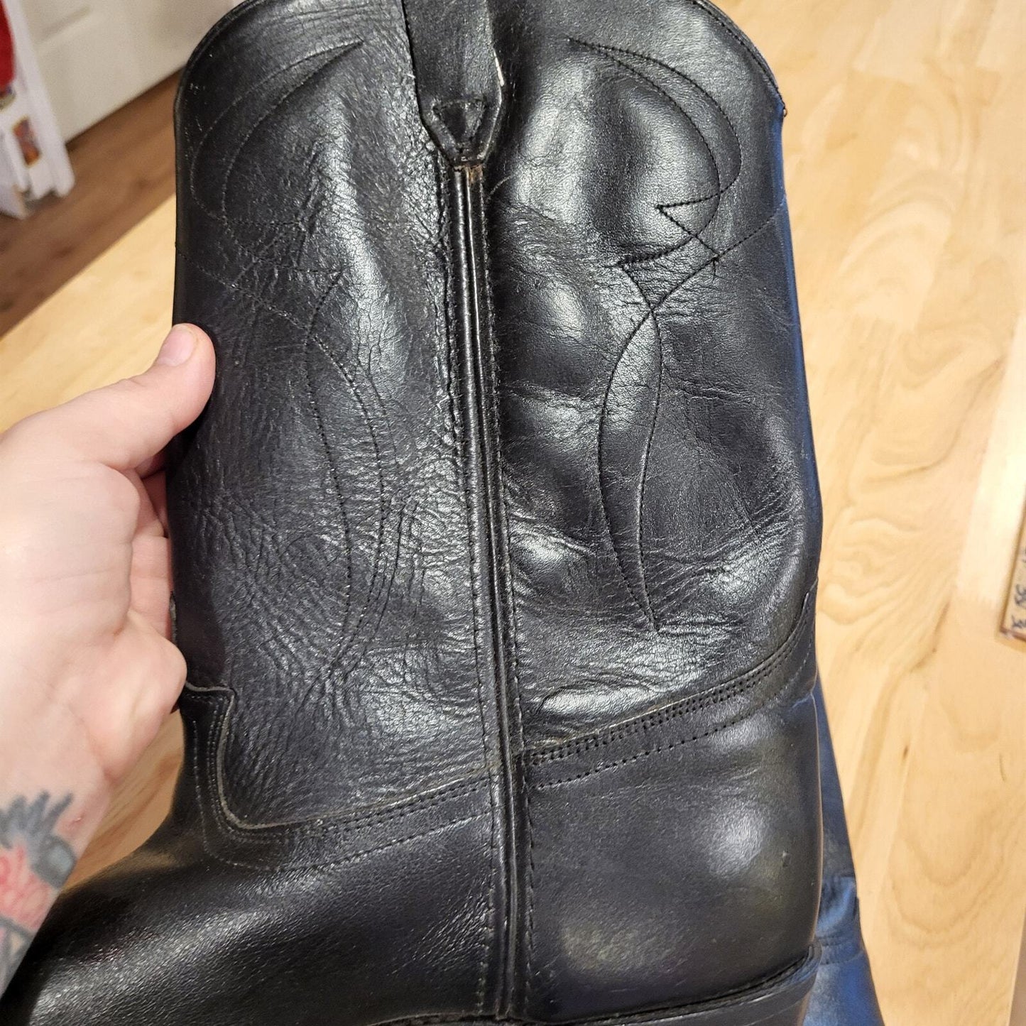 Black leather 12D Cowboy Boots 1" Heel 14" Height Johnny Cash Pointed western
