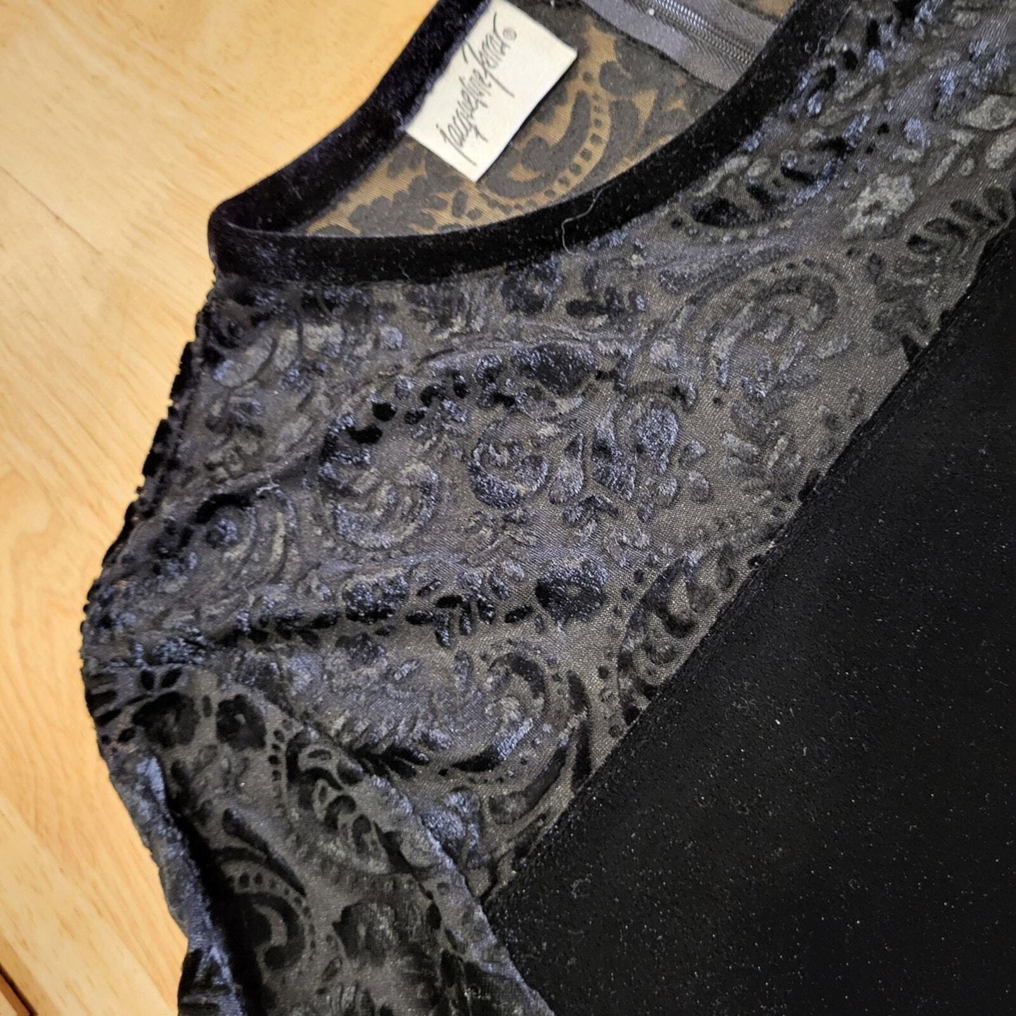 Jacqueline Ferrar Vintage Black Velvet Dress Burnout Lace Sheer Top Long Sleeve 