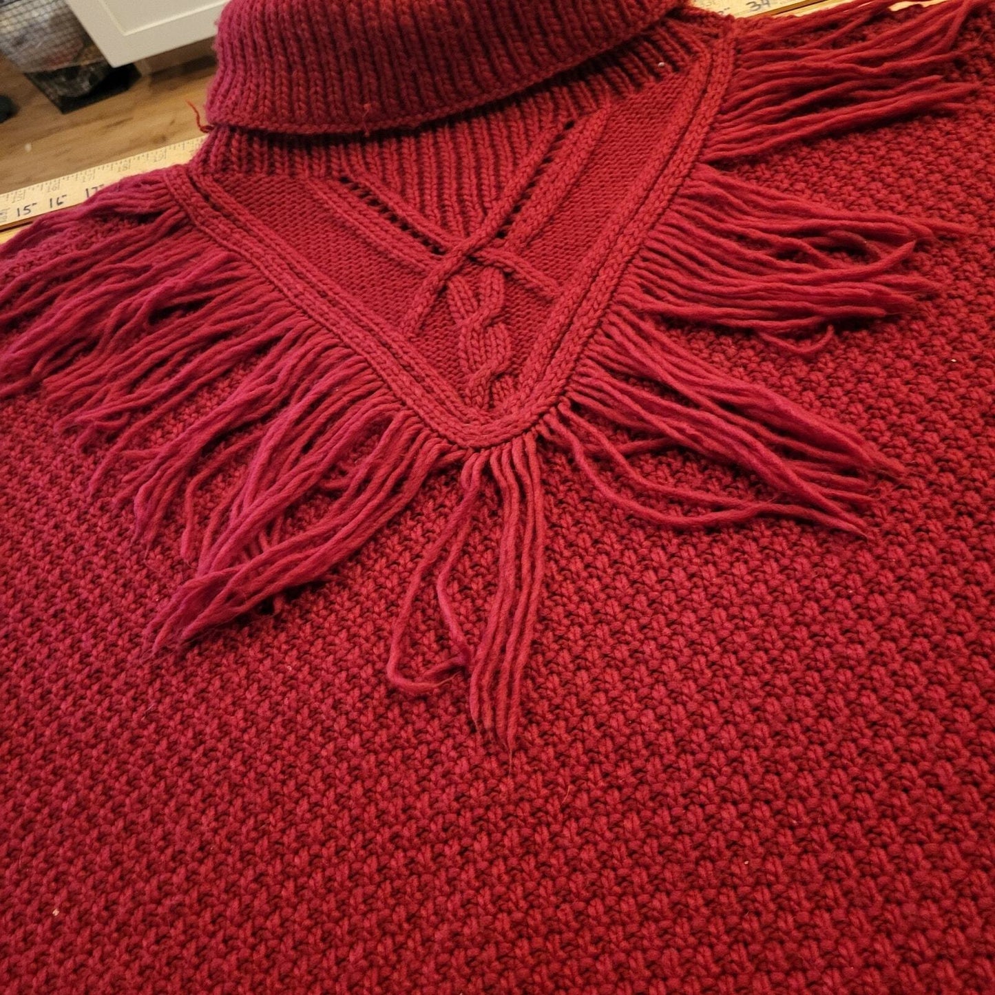 Vintage Burgundy Knit Turtle Neck Poncho Sweater 25" Long 33" Wide