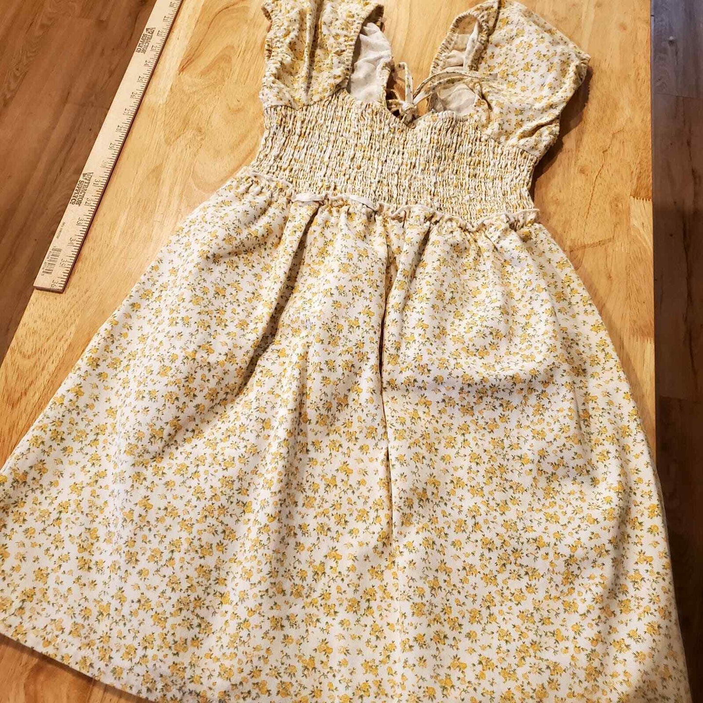 Yellow Floral Denim Puff Sleeve Laced Front Mini