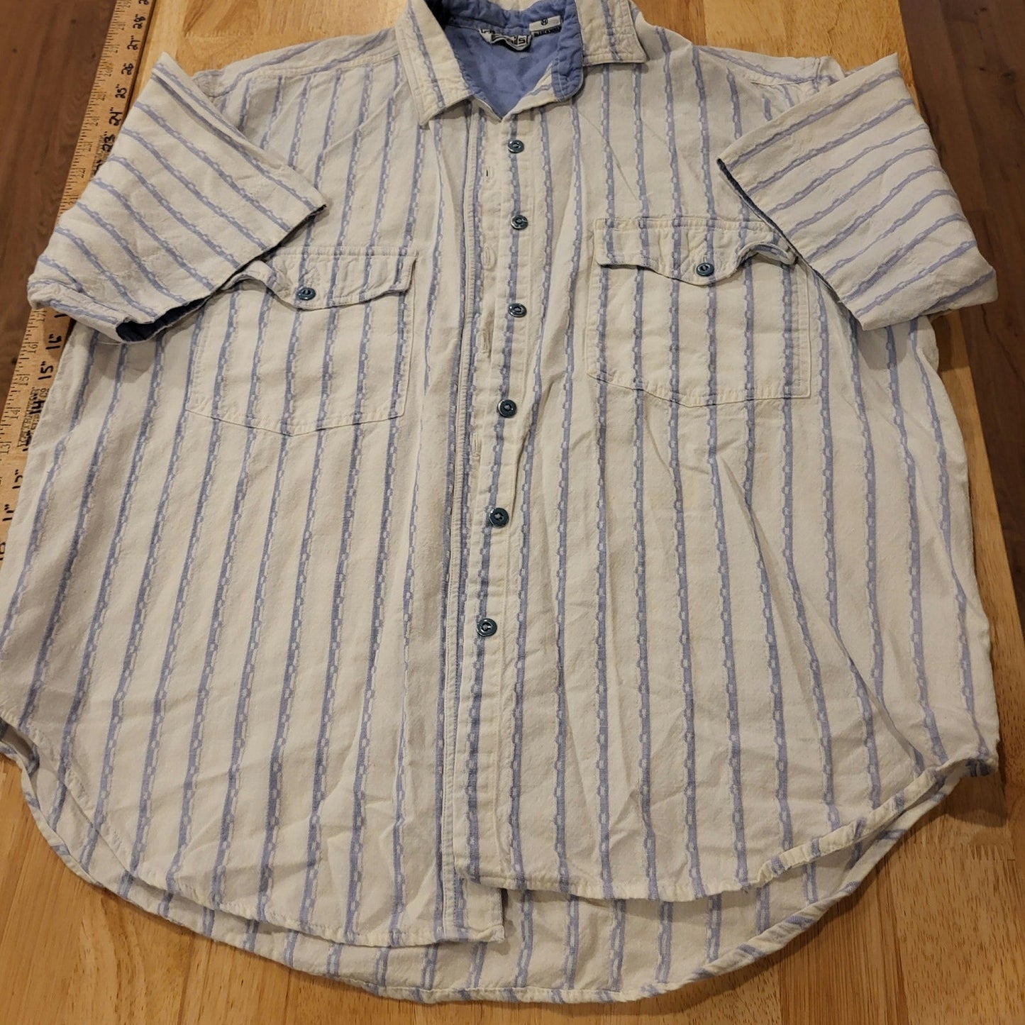 Vintage Blue & White Striped Details Button Down Collared 100% Cotton medium 
