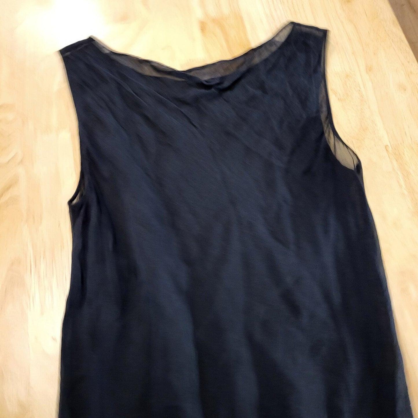 Black Silk Sheer Sleeveless Asymmetrical Floral Embroidered Dress 16" pit 2 pit