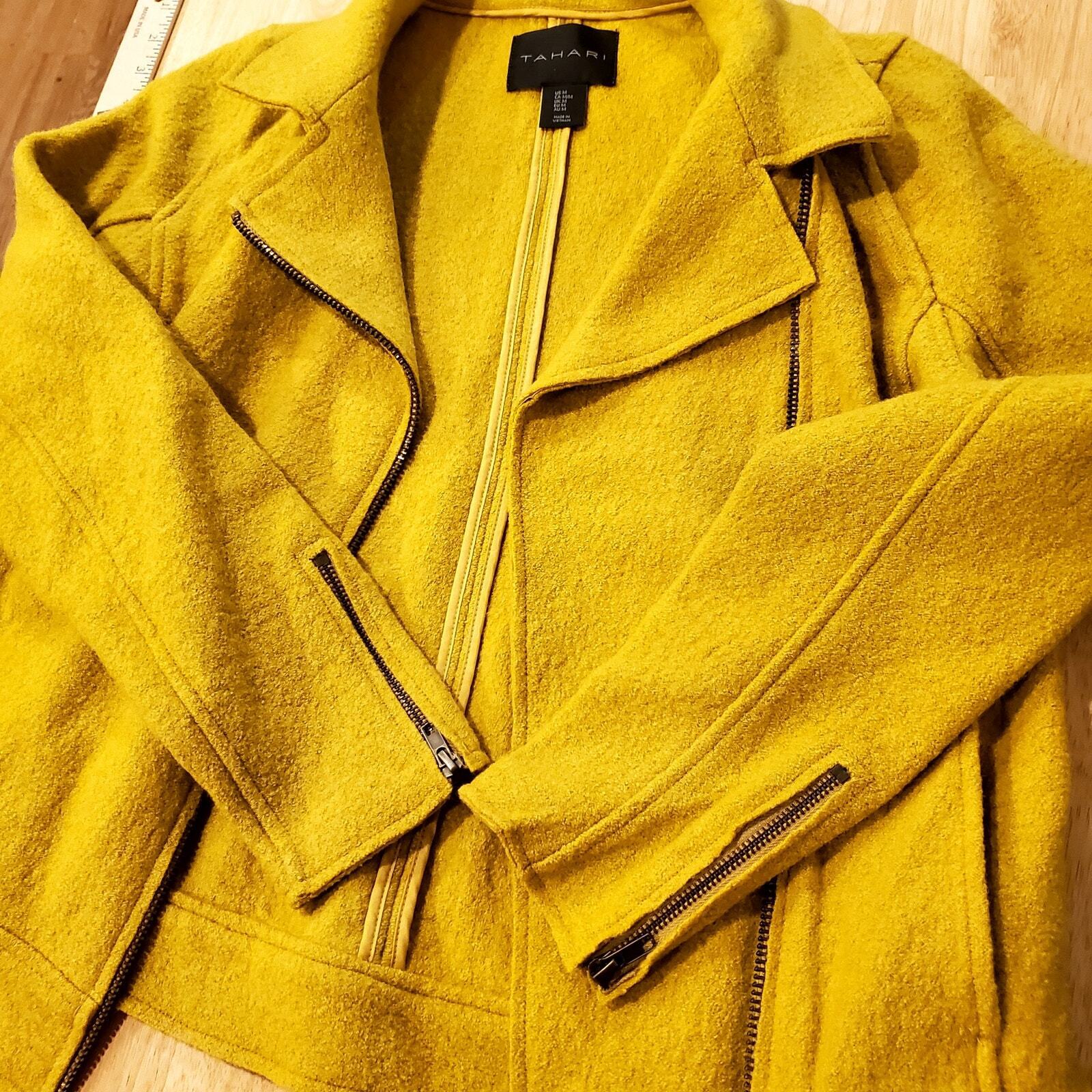 Tahari Lime Green Motorcycle Jacket M Felted Blend Zip Detail 