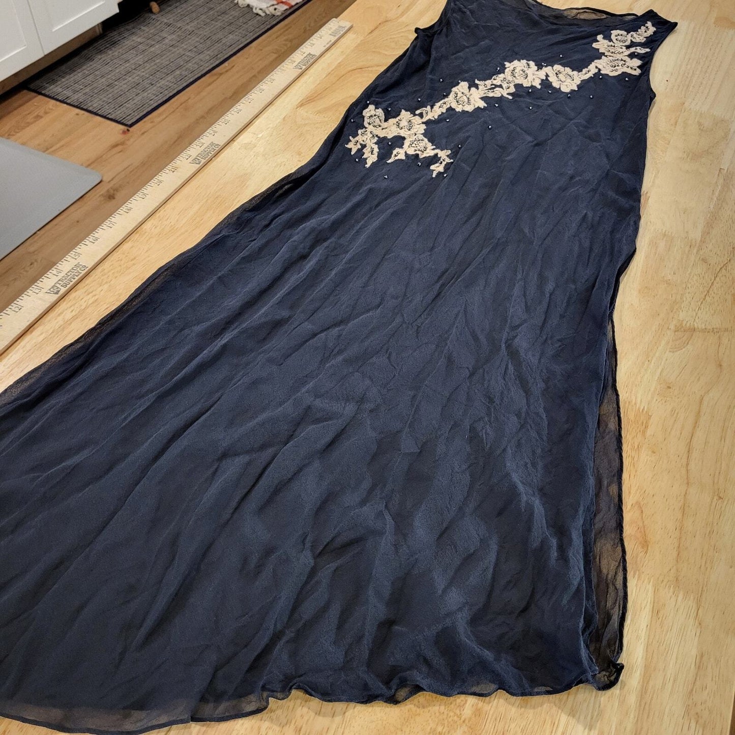 Black Silk Sheer Sleeveless Asymmetrical Floral Embroidered Dress 16" pit 2 pit