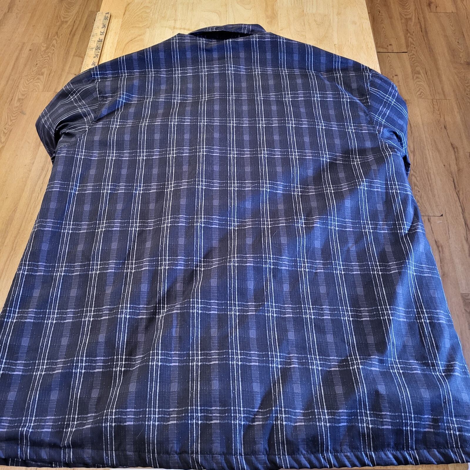 Blue Plaid Nylon Snap Button Collared Coat Fleece Lined Pockets 23" p2p 28" L