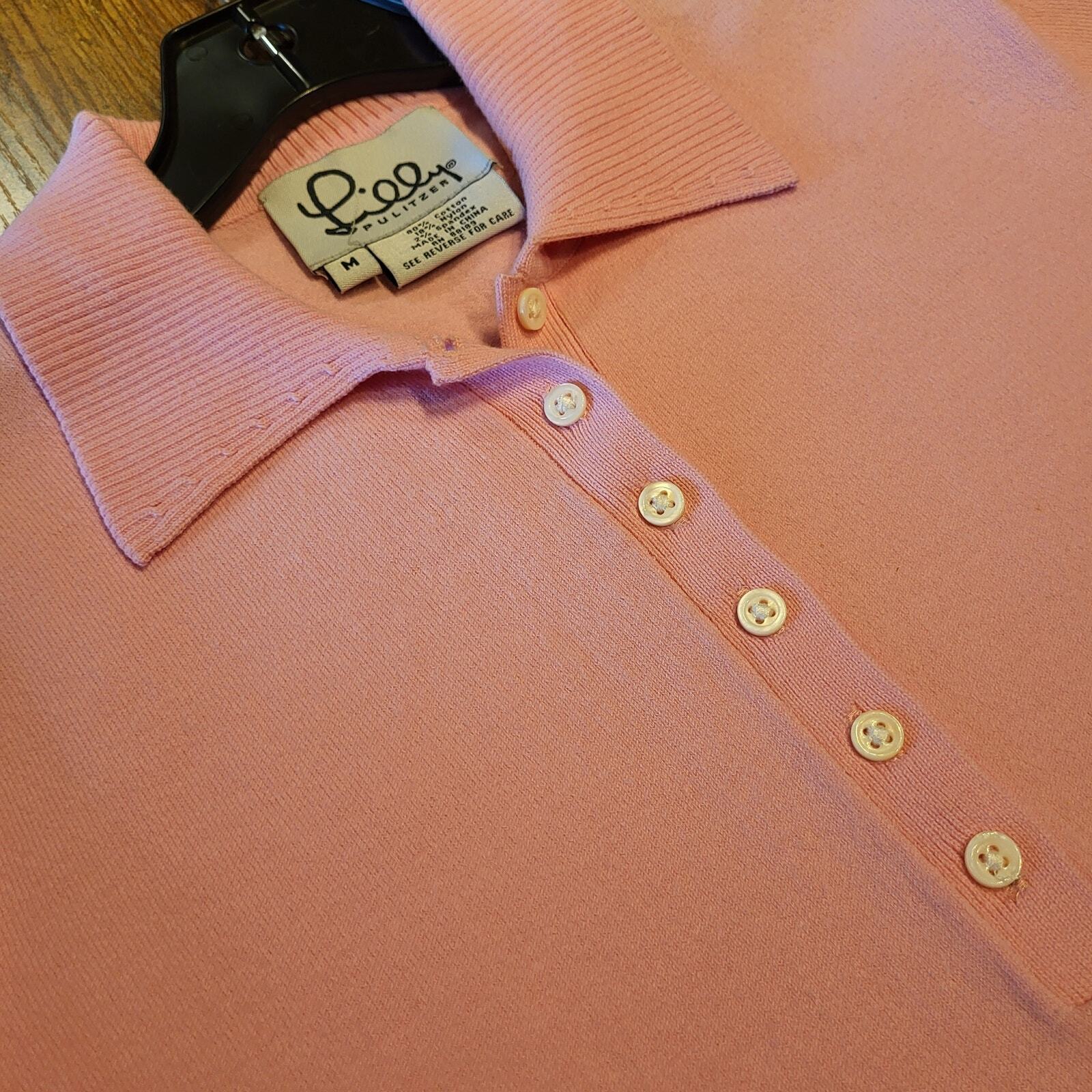 Lilly Pulitzer Pink Cotton Golf Polo Size Medium Collared Stretch Button 19" P2P