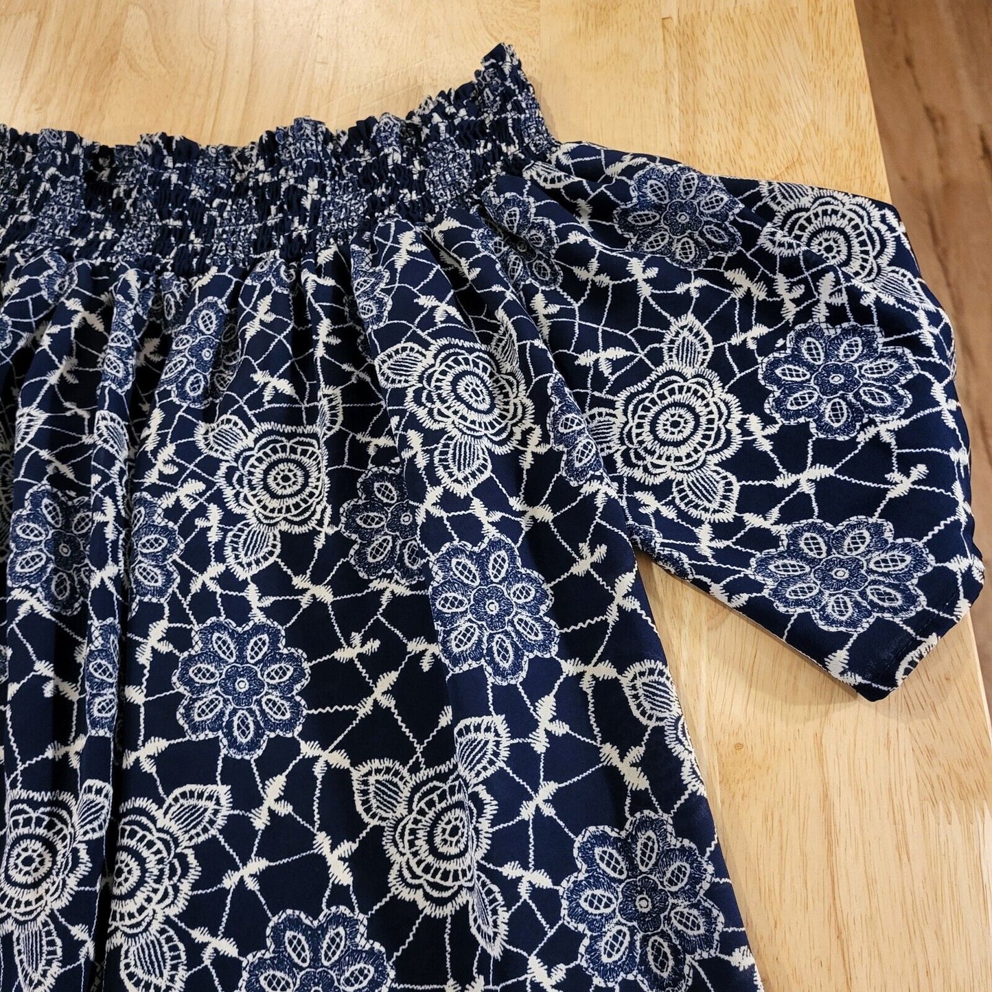 Blue Floral Mini Dress Bardot Cold Shoulder Elastic Keyhole Back Medium