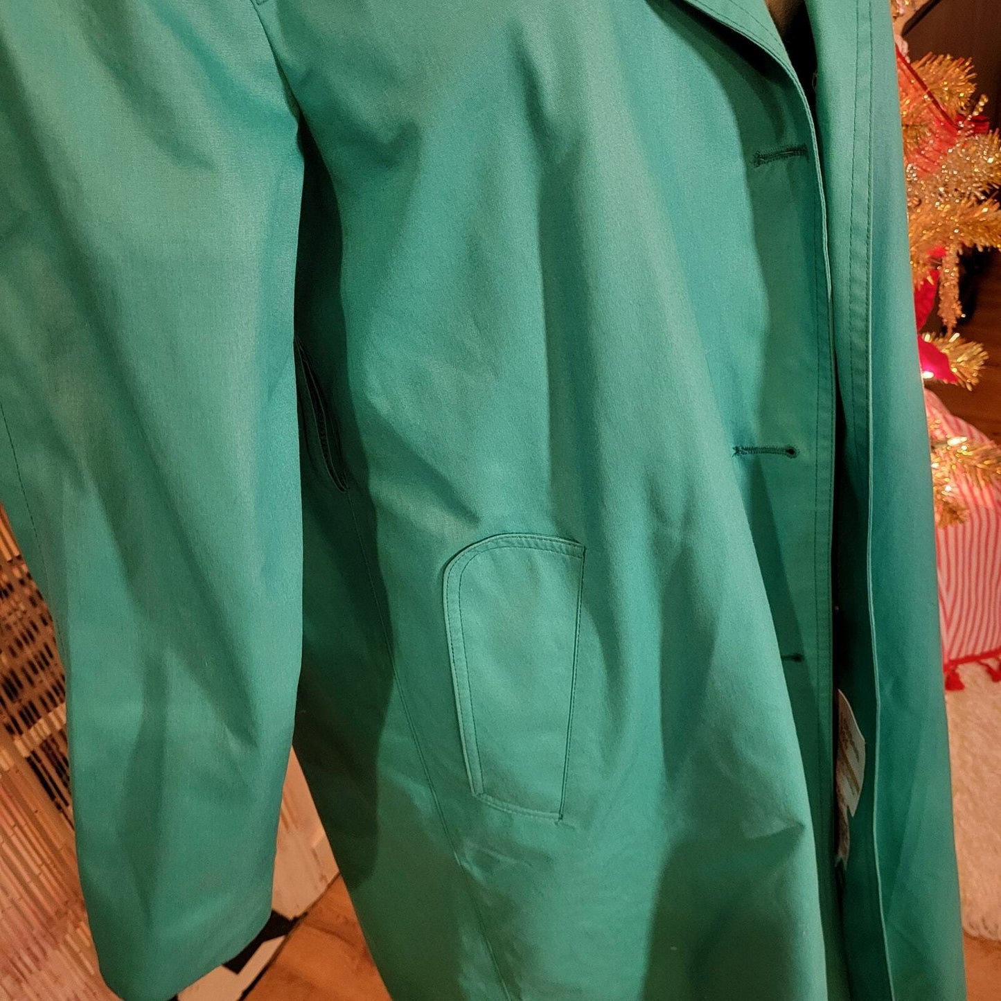 London Fog Vintage Green coat gingham lining petite 10 machine washable 