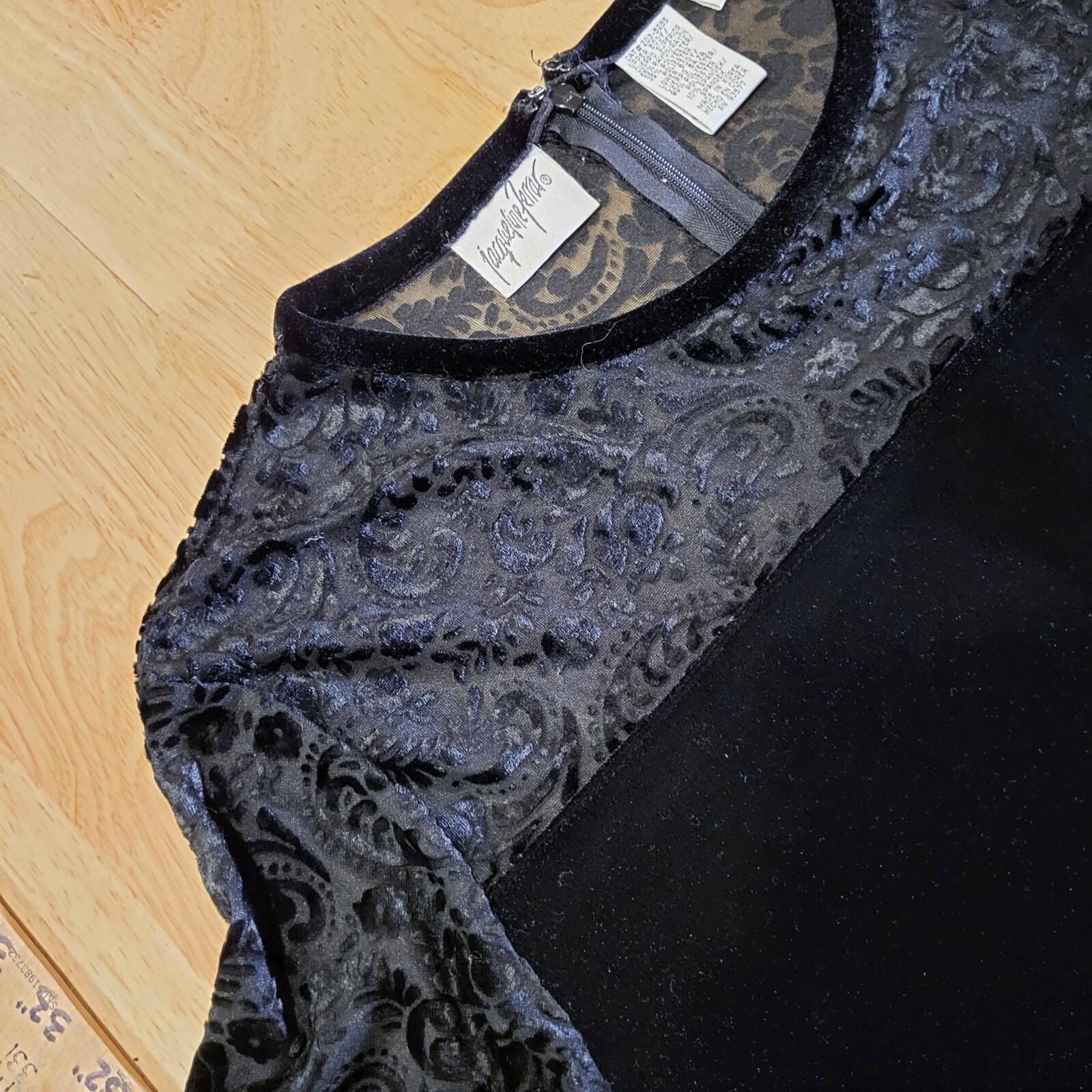 Jacqueline Ferrar Vintage Black Velvet Dress Burnout Lace Sheer Top Long Sleeve 
