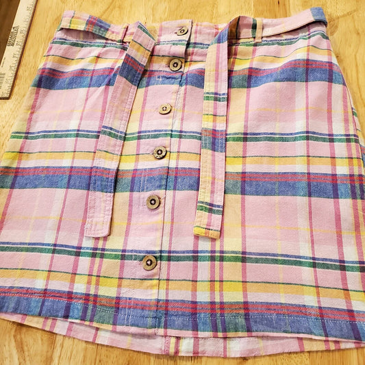 Dash Linen Baby Pink Plaid Elastic Waist Button Front Mini Skirt Tie Waist Med