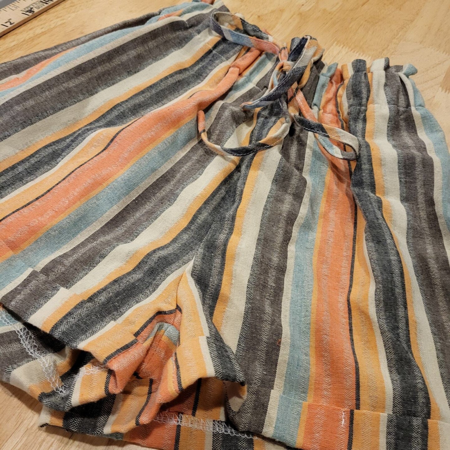 Pastel striped paper bag waist shorts woven extra small elastic stretches to 34"