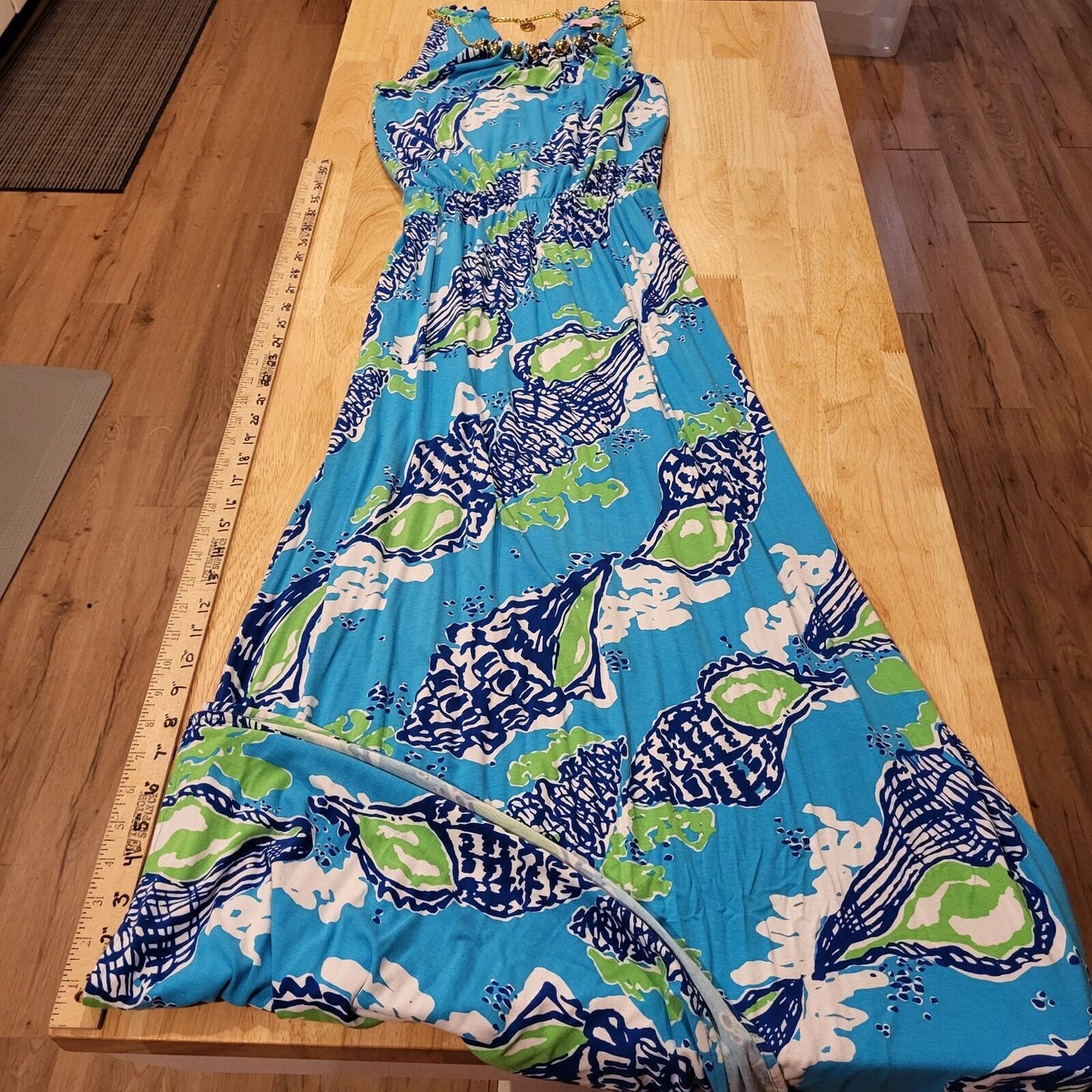Lilly Pulitzer Calissi Sound The Horn Maxi Jersey Dress Gold Necklace Neckline