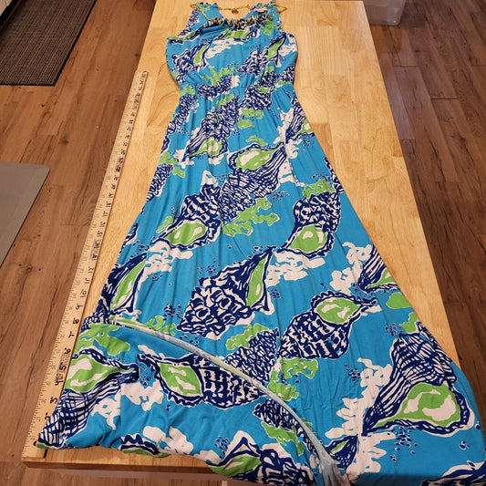 Lilly Pulitzer Calissi Sound The Horn Maxi Jersey Dress Gold Necklace Neckline