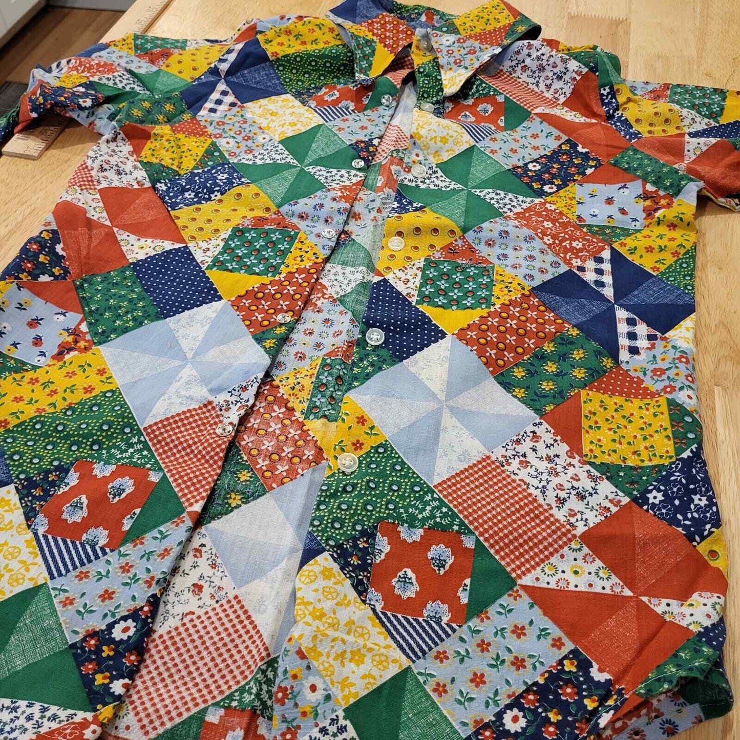 Vintage cotton patchwork puff sleeve button front top small
