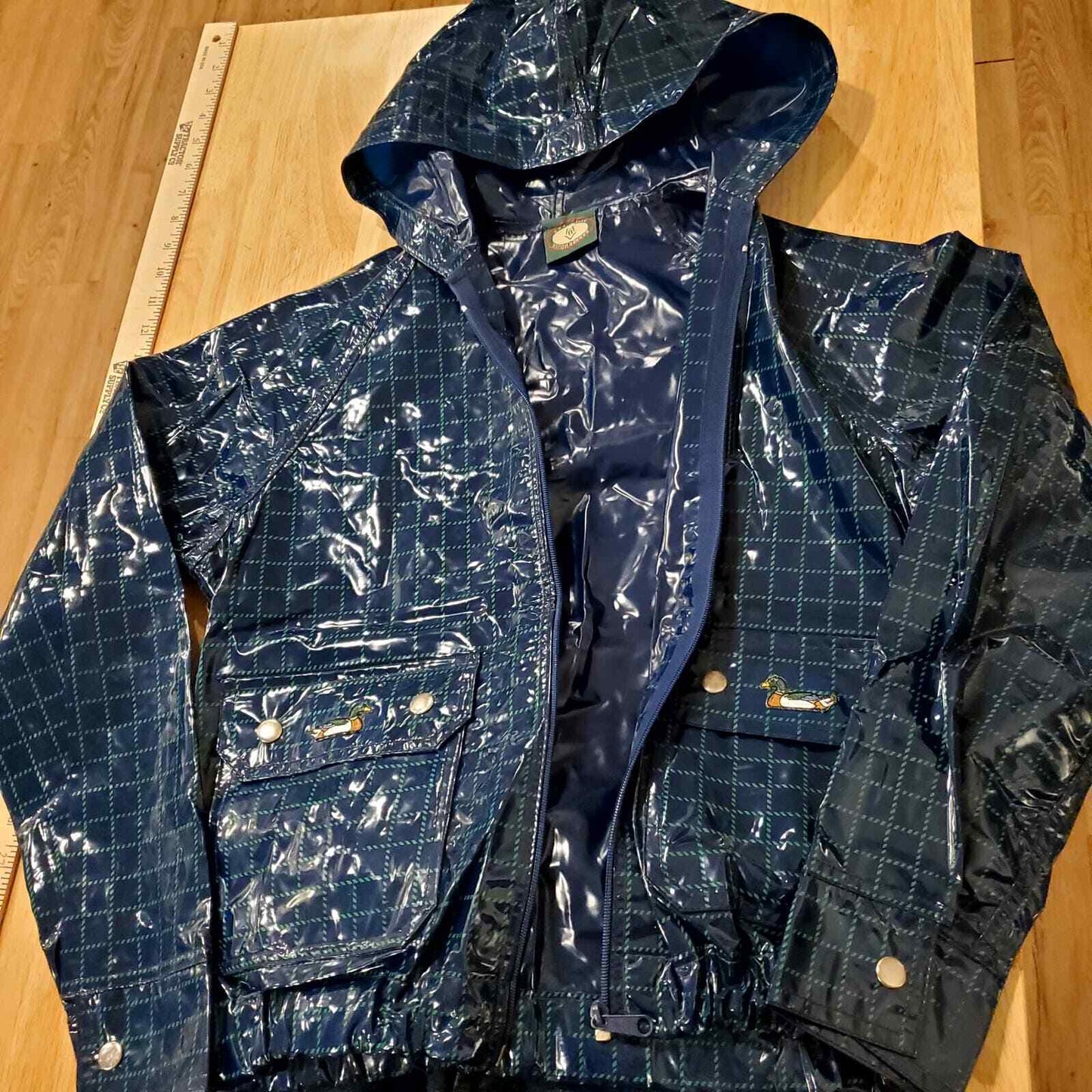 Banner House Asheville Blue Green Plaid Rubber Rain Coat Vintage