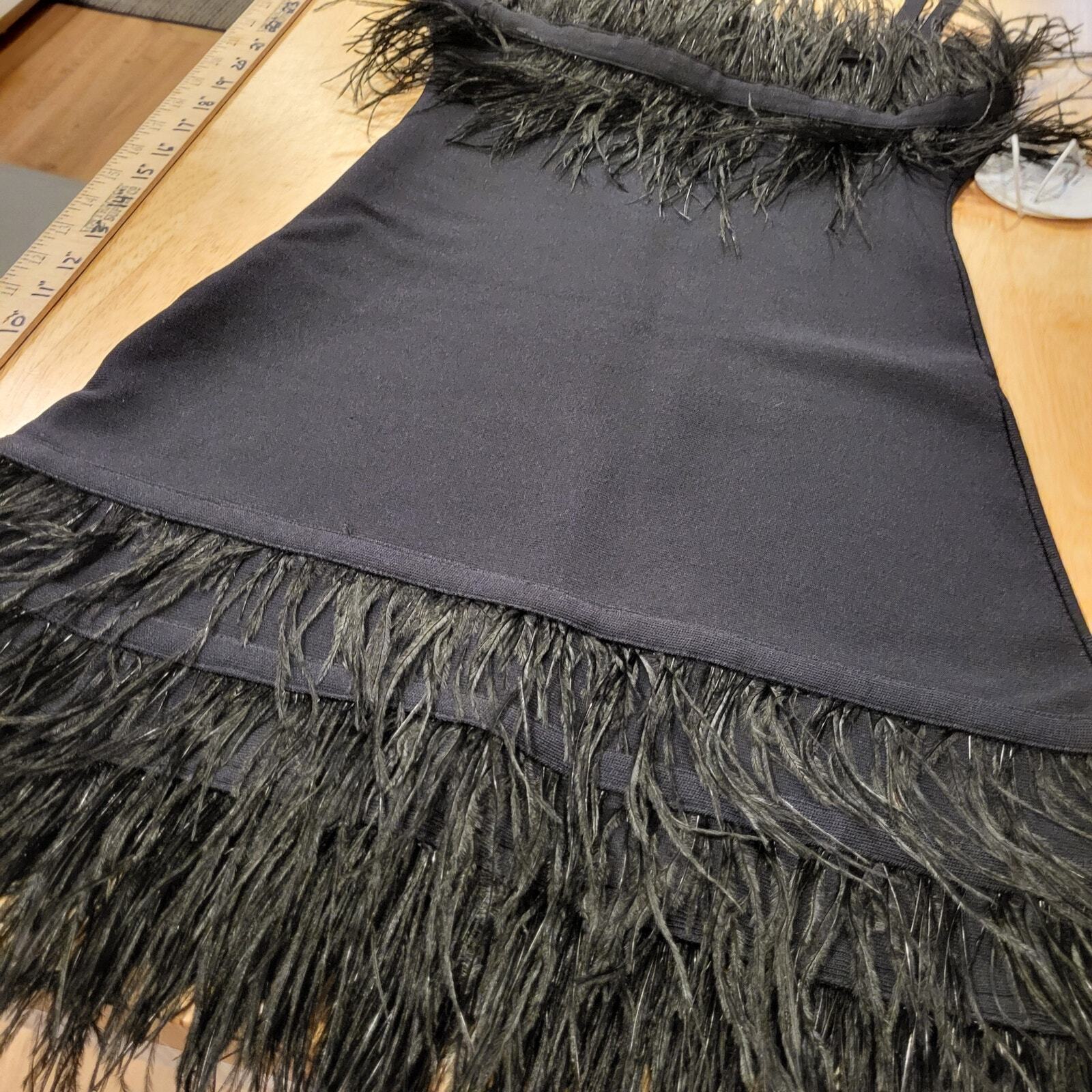 Staud Etta Black Feather Bodycon Spaghetti Strap Dress XS