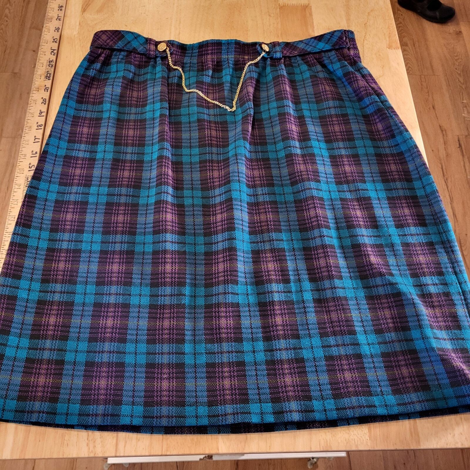 Vintage Tartan Plaid Purple Turquoise Knee Length Elastic Waist Gold Chain SZ18