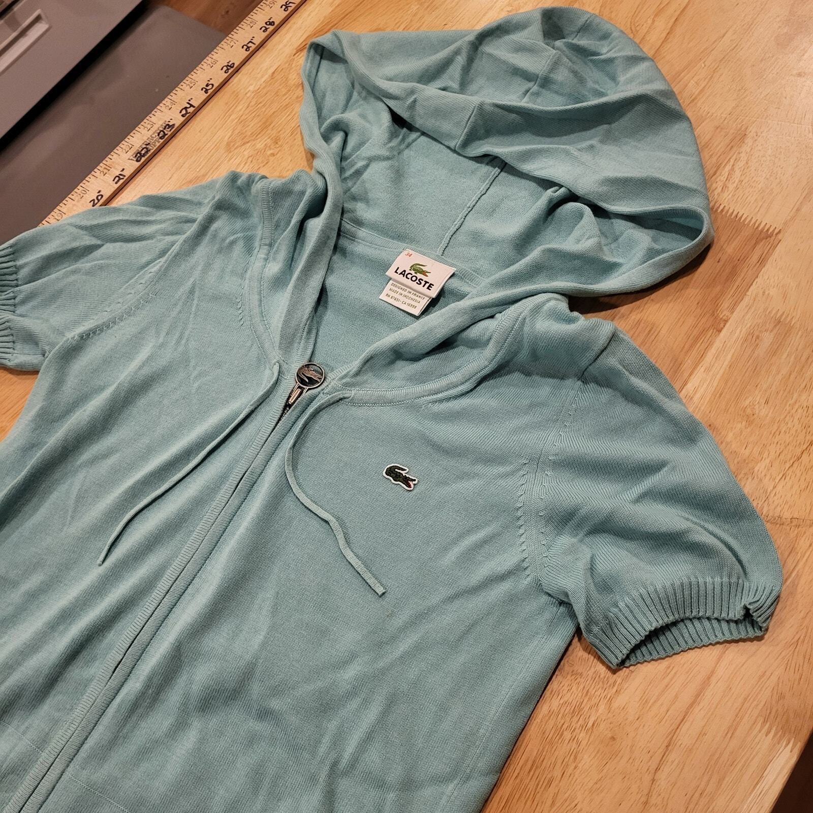 Lacoste Blue Short Sleeve 1/4 Zip Hooded Sweater 16" Pit 2 Pit