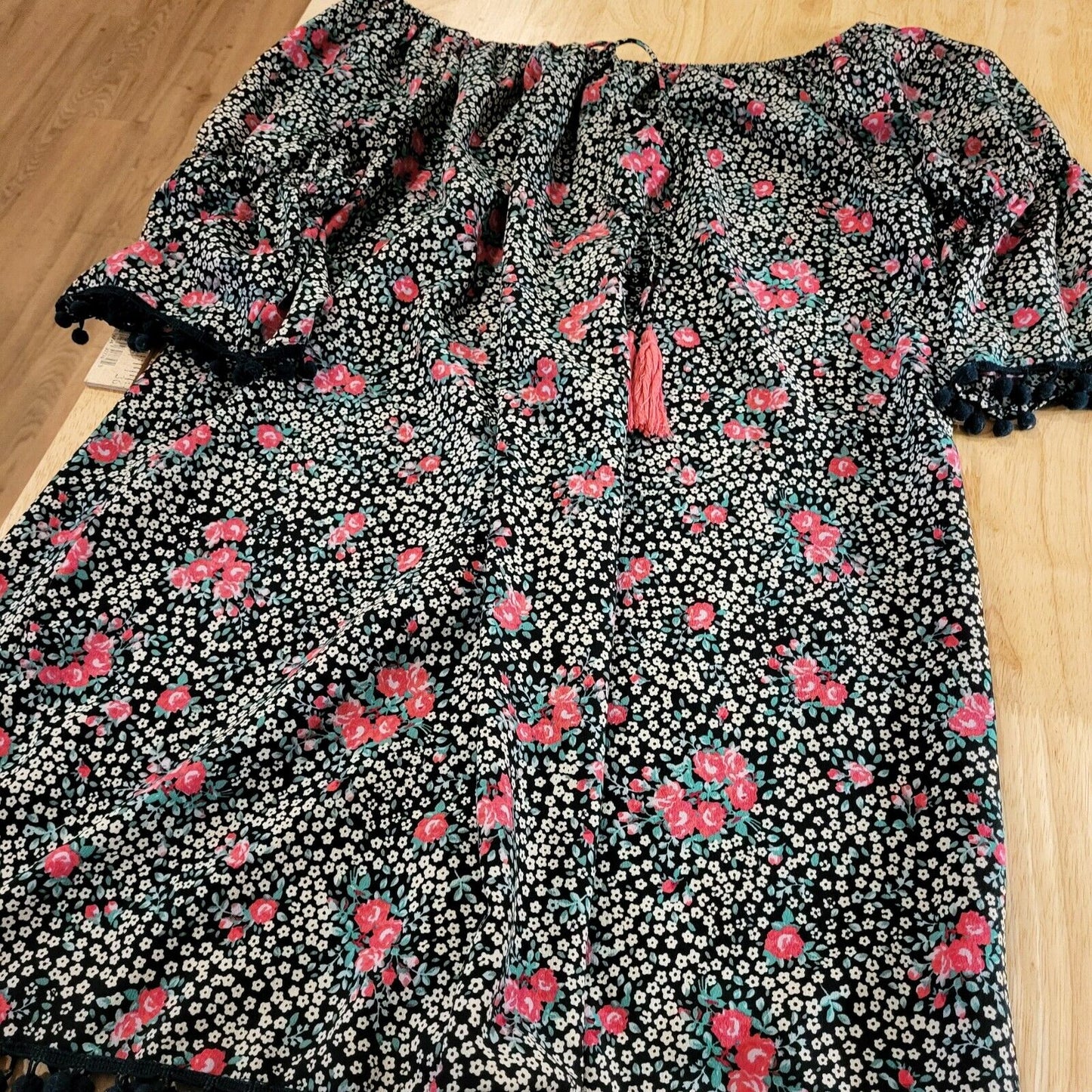 Floral dress Size Large Black & Pink Pom Pom Hem A-line Off The Shoulder Elastic