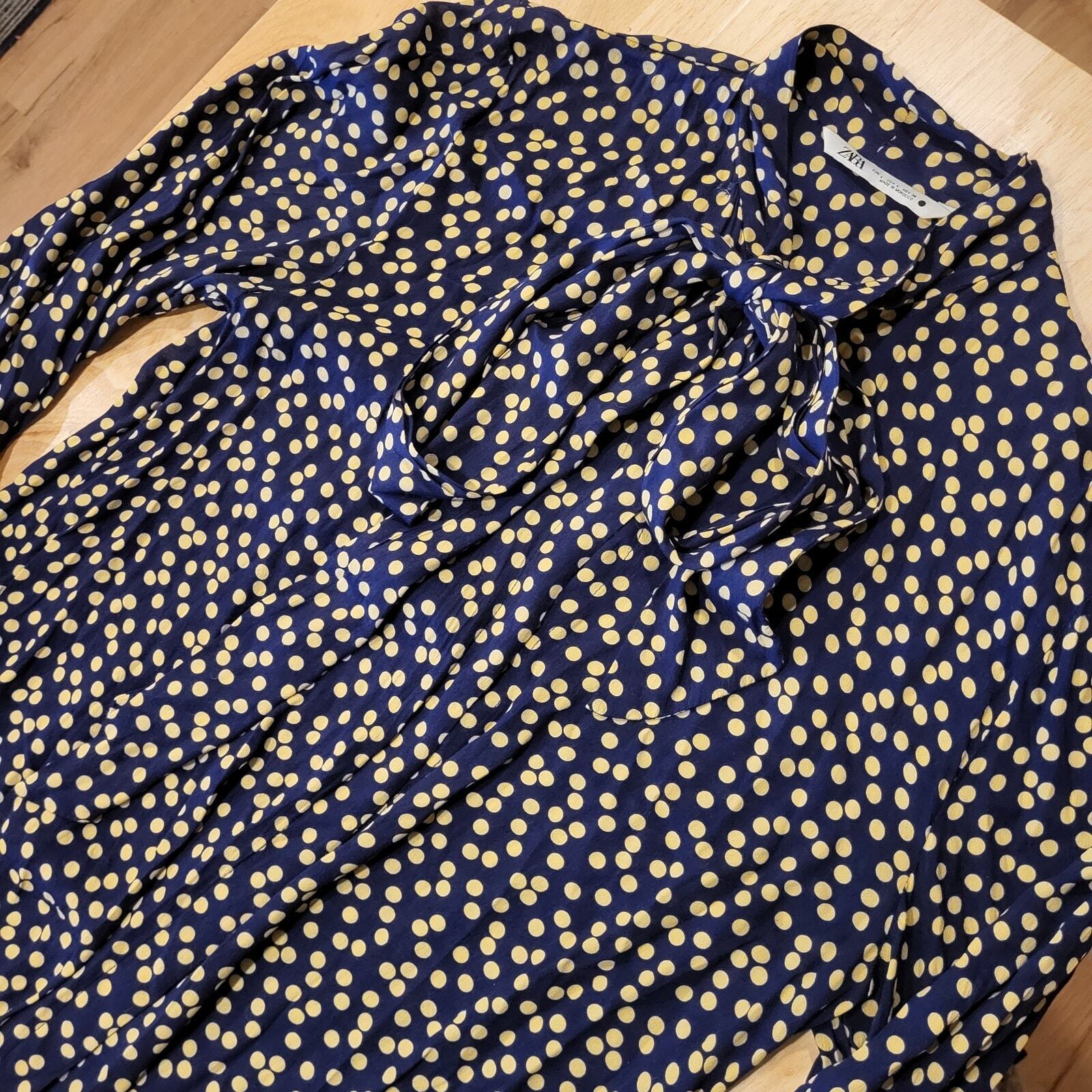 Zara Long Blue & Yellow Polka Dot Button Maxi Shirt Dress Tie Collar Large Nylon
