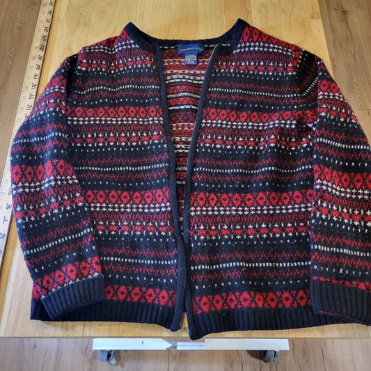 Charter Club 100% Lambs Wool Size Medium Fair Isles Zip Knit Cardigan Red White 