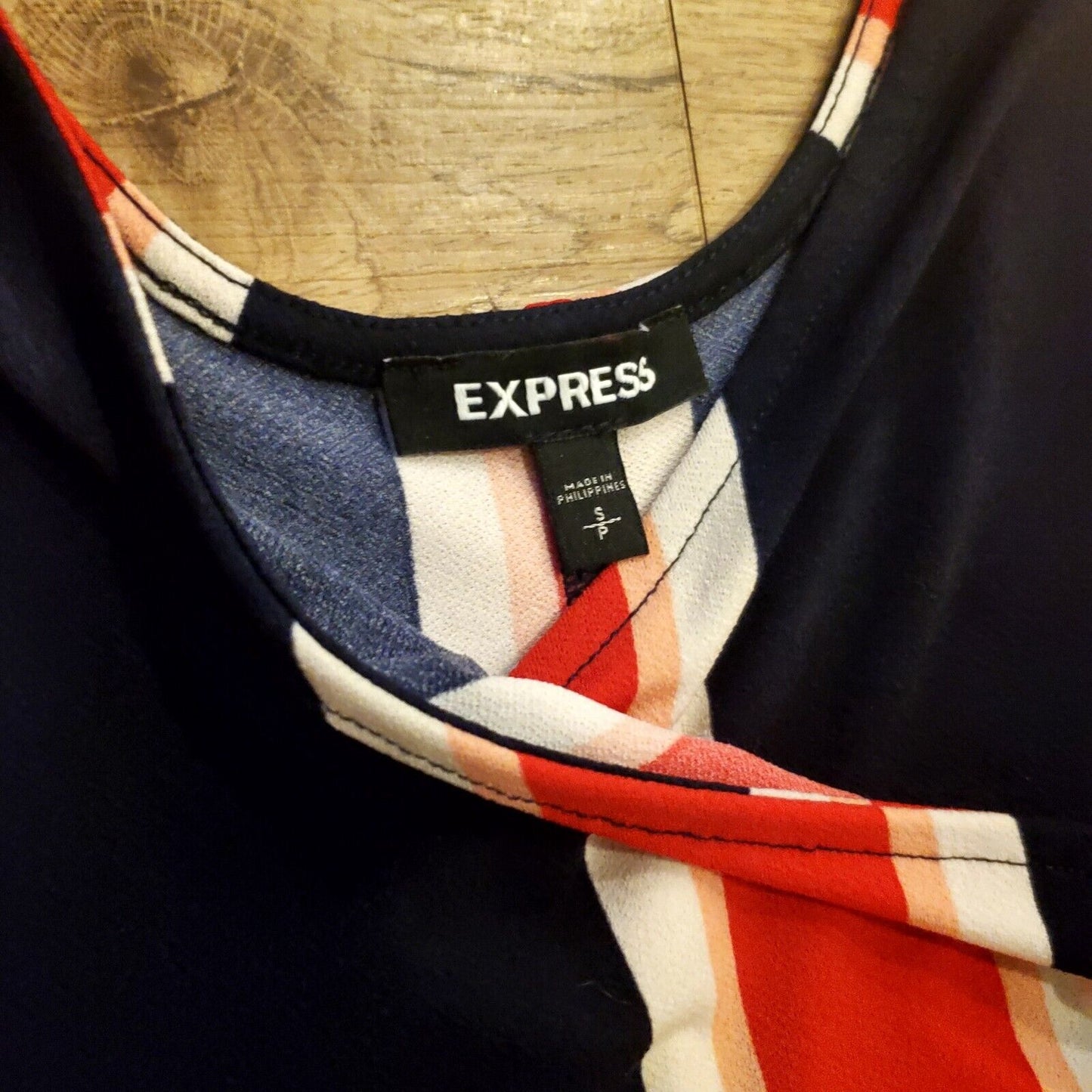 Express Red White & Blue Stripe Wrap Style Dress Small Knee Sleeveless Jersey 