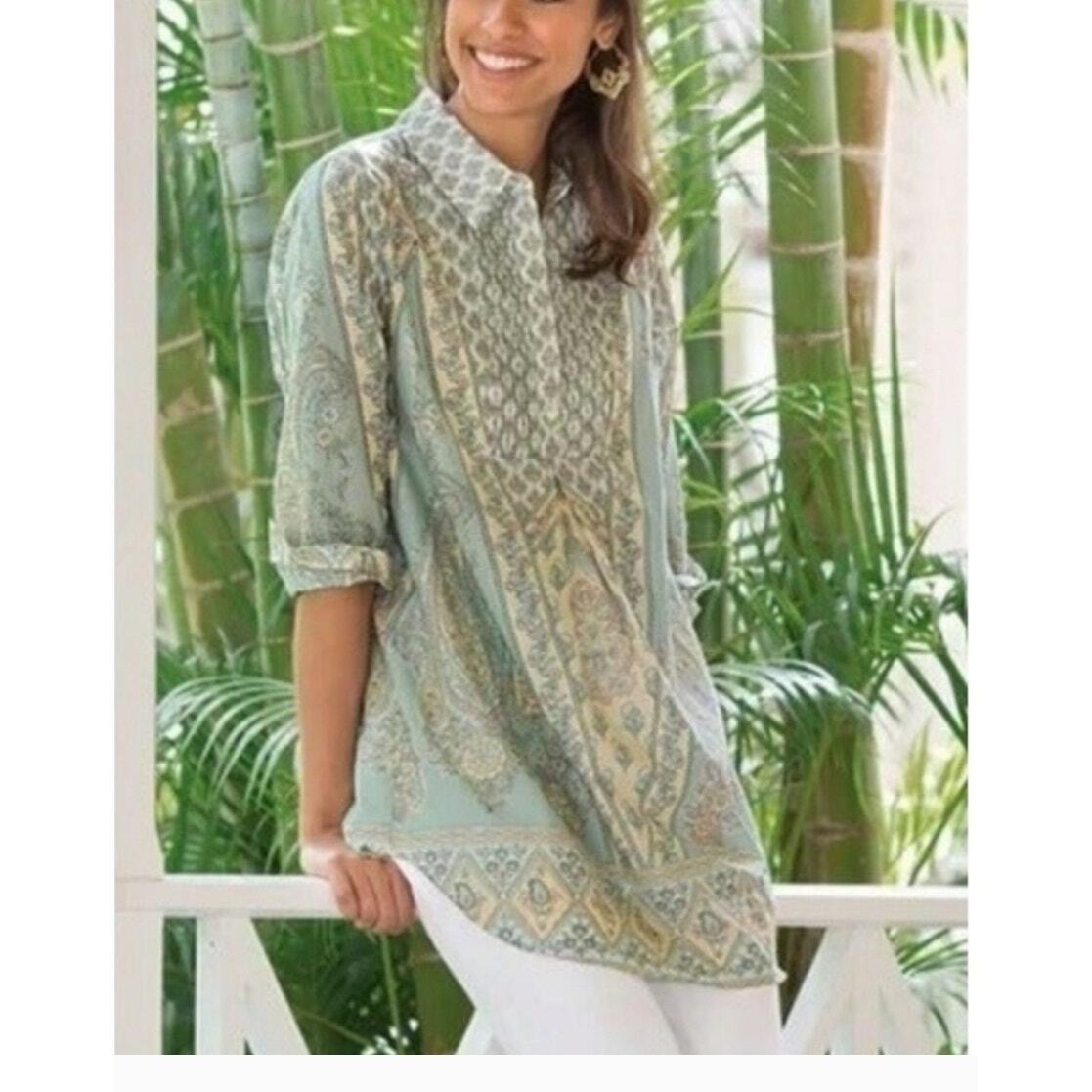Soft Surroundings Voile Tabitha Tunic Blouse Paisley Petite Medium Collared