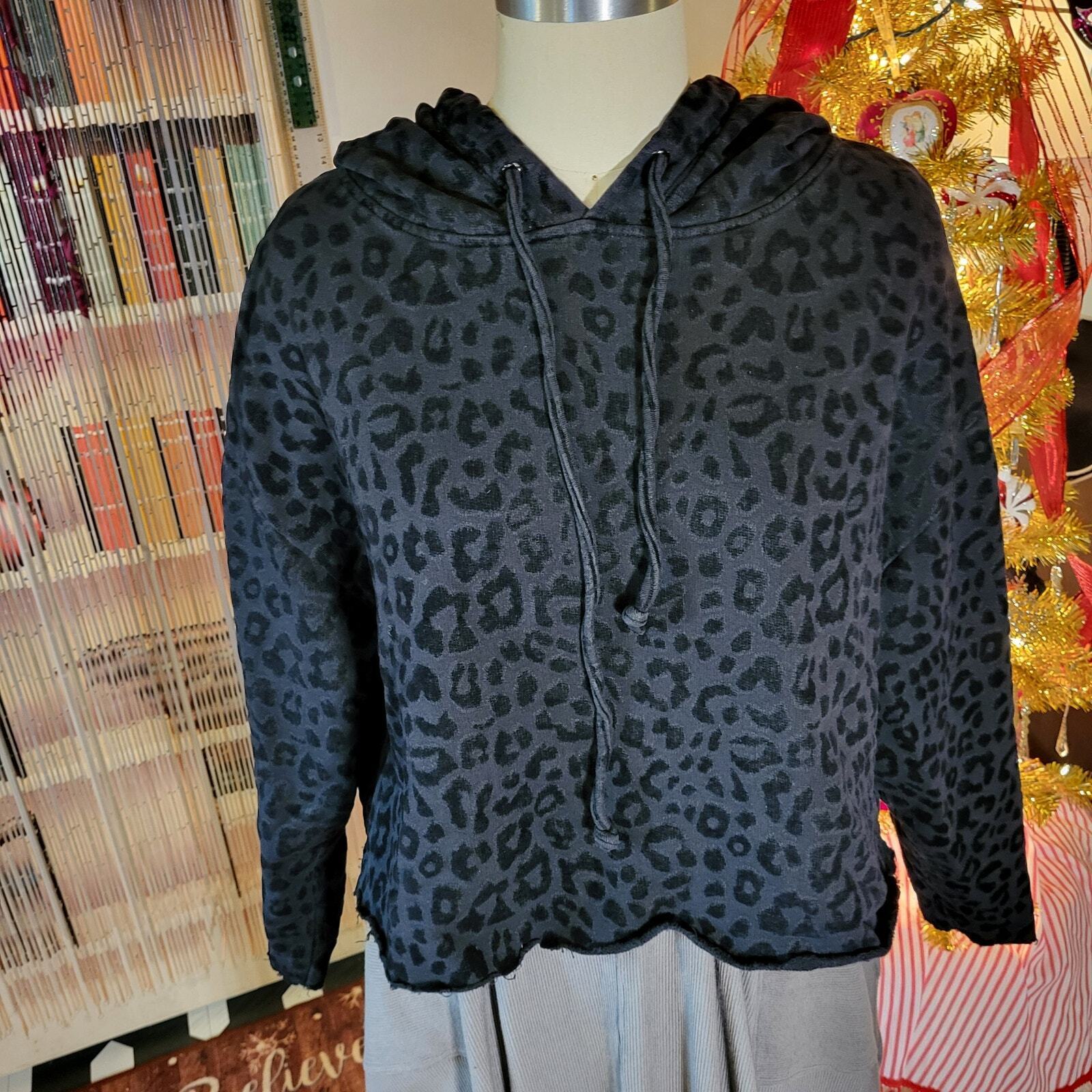 RTA Velvet Burnout Black Leopard Cropped Hoodie  Cotton Large 
