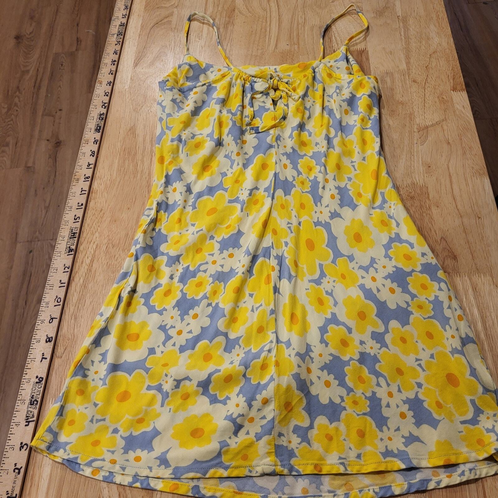 RVCA Yellow & Blue Floral Knit Spaghetti Strap Mini Dress Keyhole Opening Small