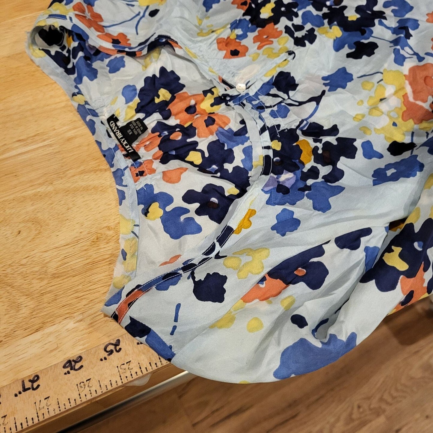 Lucky Brand 100% Silk XS Blue Floral Long Sleeve Boat Neck Blouse 