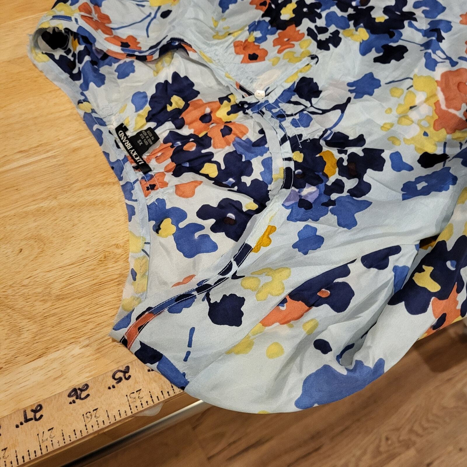 Lucky Brand 100% Silk XS Blue Floral Long Sleeve Boat Neck Blouse 